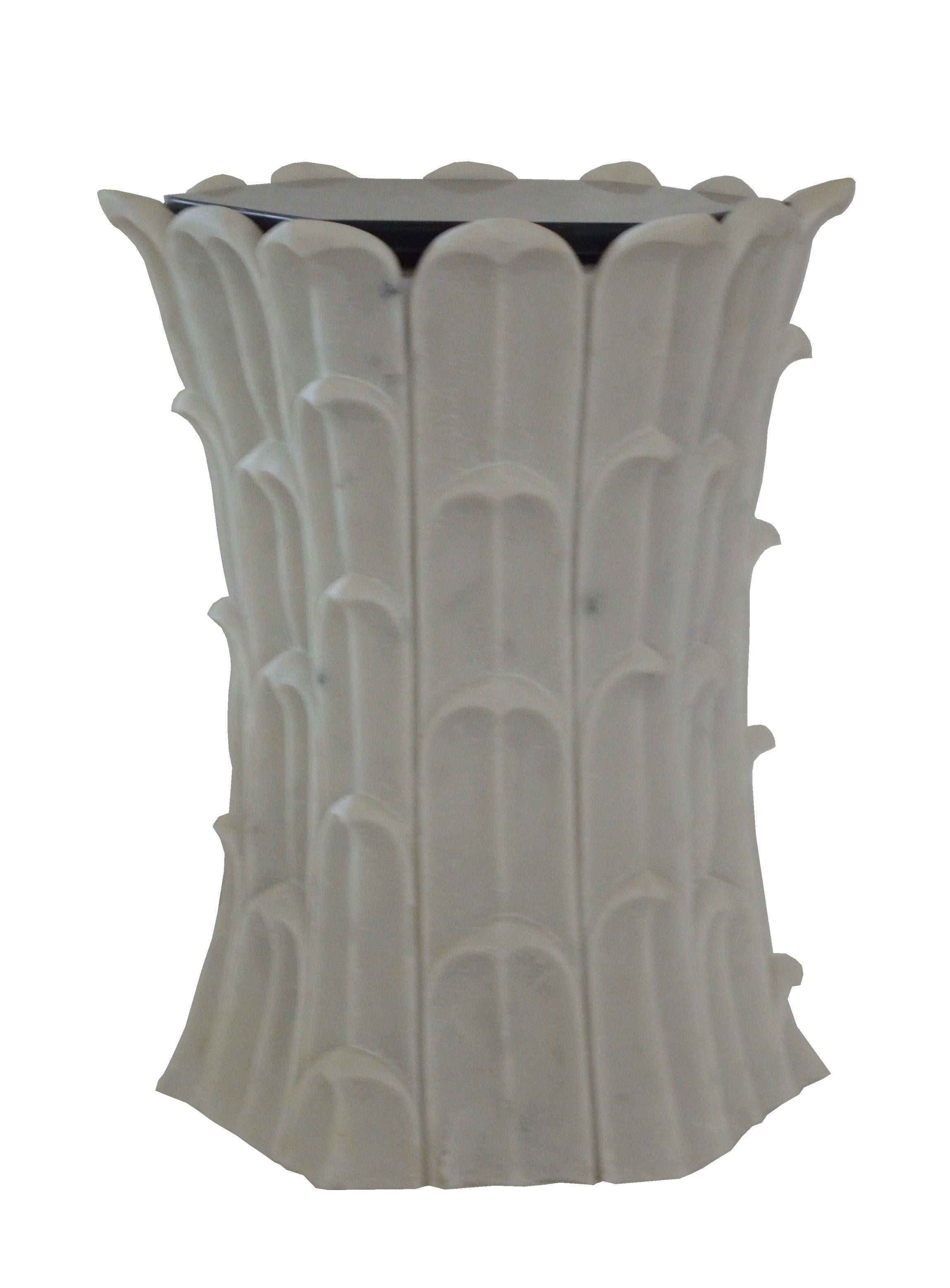 Hand-Carved Set of Two Bamboo Grove Side Tables in Agra White Marble Handcrafted in India For Sale