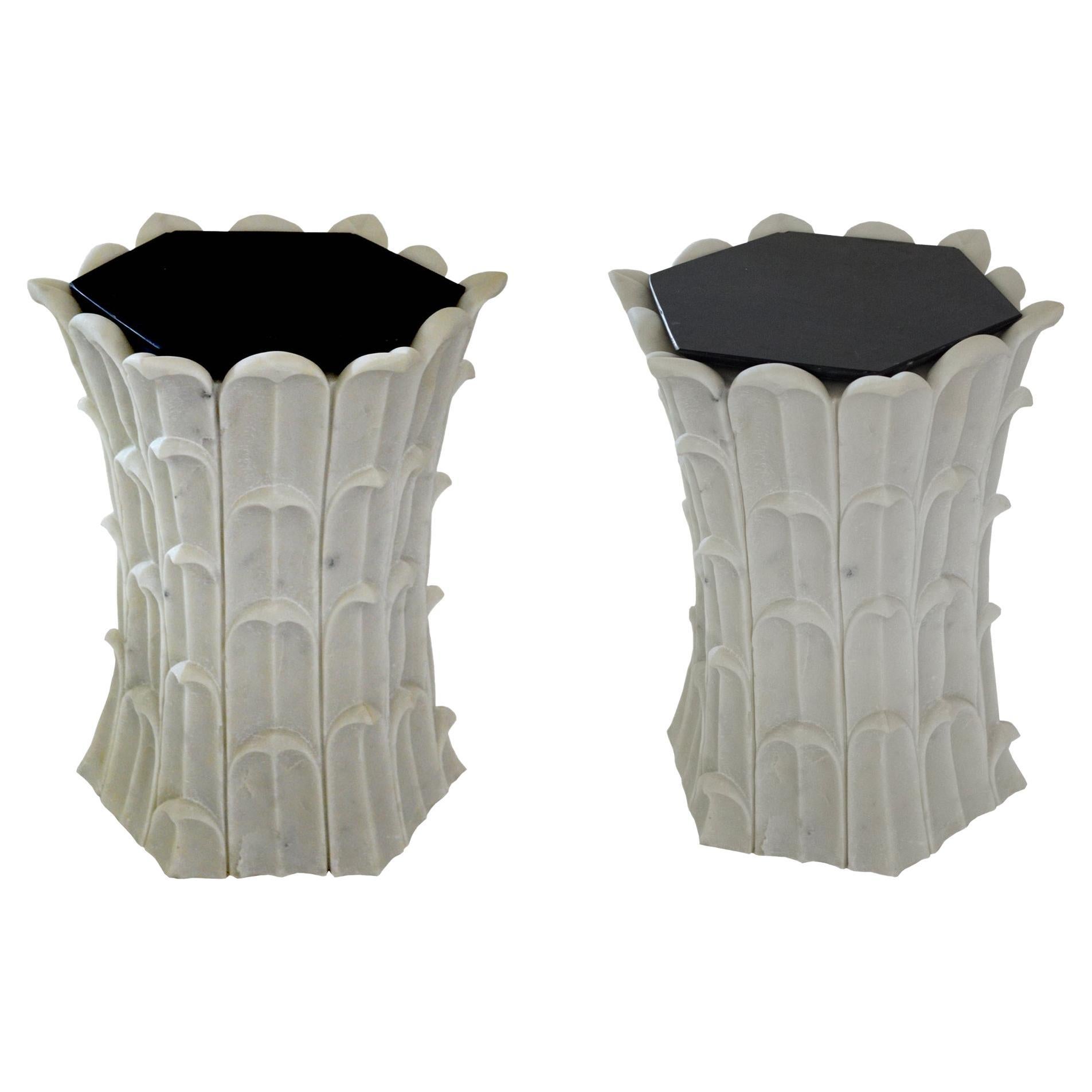 Set of Two Bamboo Grove Side Tables in Agra White Marble Handcrafted in India For Sale