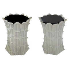 Set of Two Bamboo Grove Side Tables in Agra White Marble Handcrafted in India