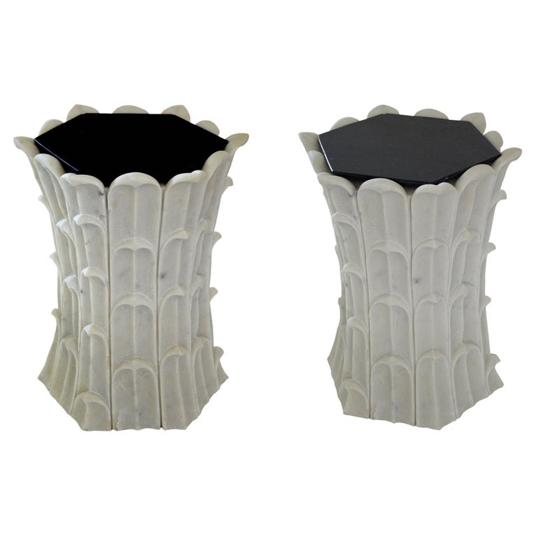 Set of Two Bamboo Grove Side Tables in Agra White Marble Handcrafted in