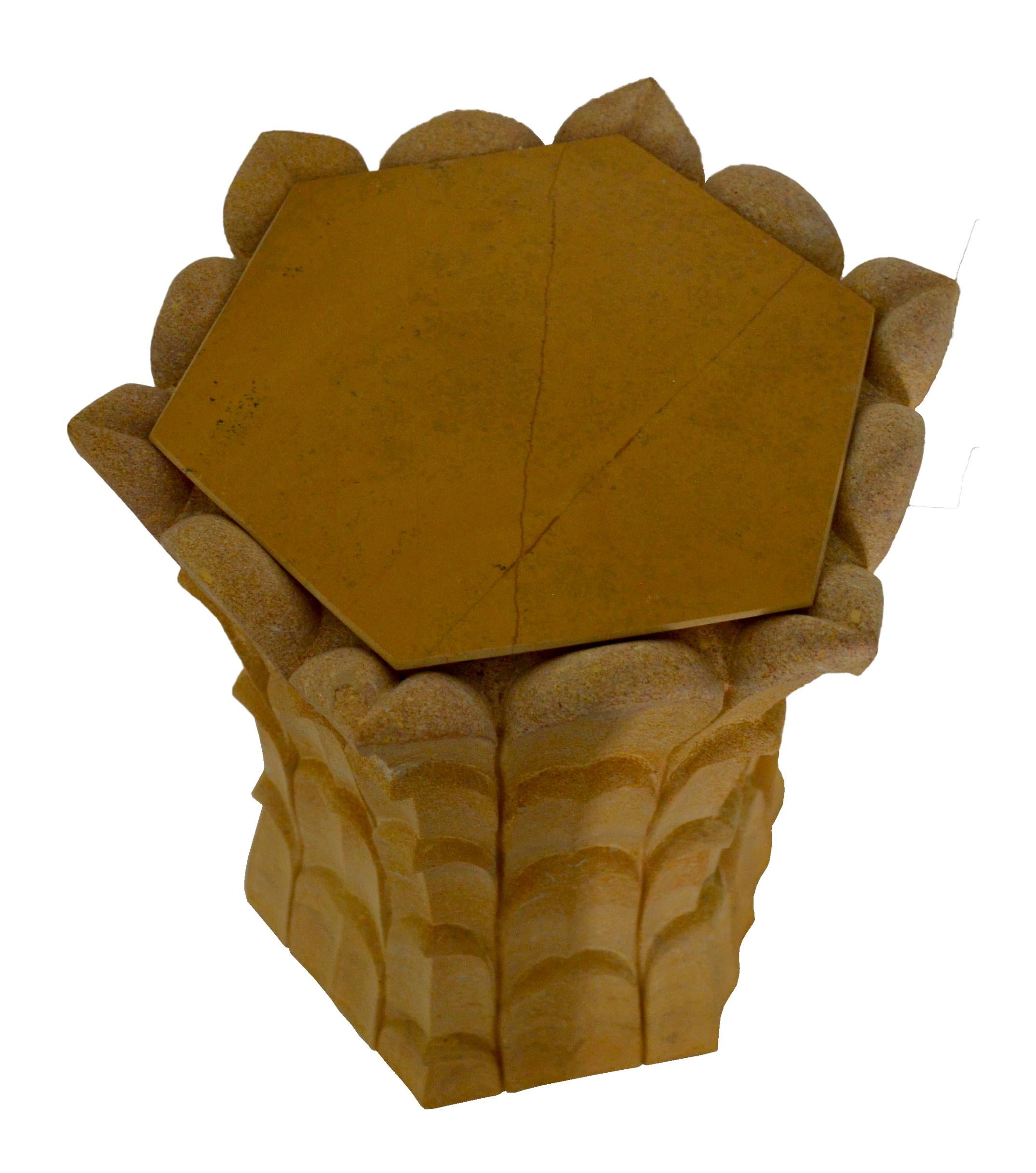 Inspired by the temple carvings in and around Udaipur, Stephanie Odegard designed this unique side table using locally available stones. The arrangement of the carved leaf motif gives an impression of a dense Bamboo Grove.

Set of Two Bamboo Grove