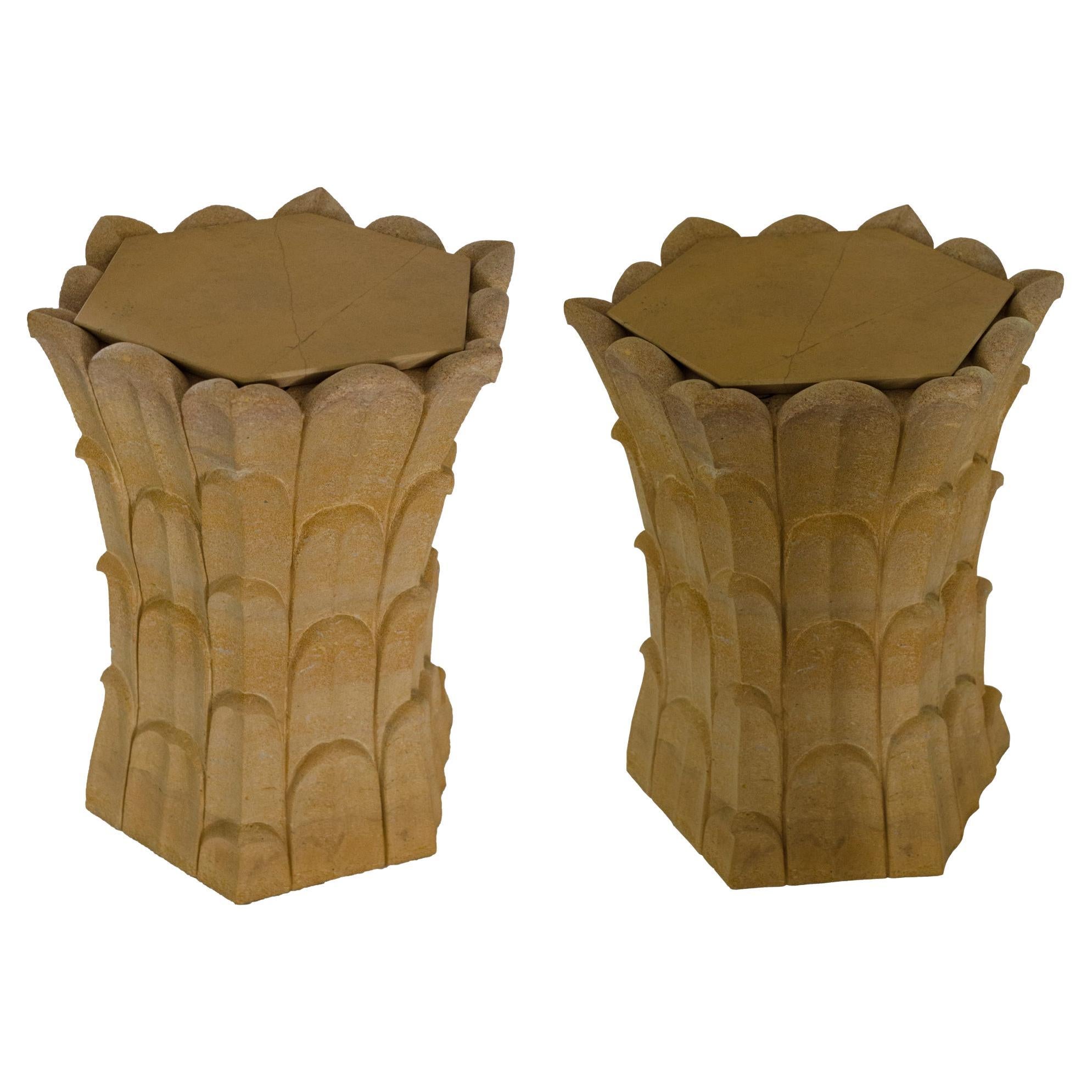 Set aus zwei Bambusbäumen-Beistelltischen aus Jaisalmer-Stein, handgefertigt in Indien