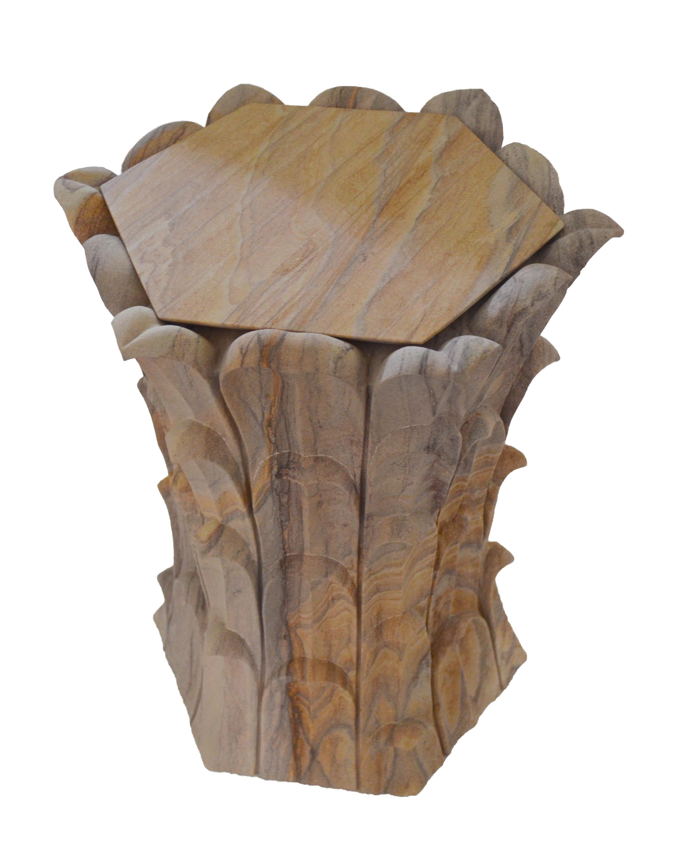 Inspired by the temple carvings in and around Udaipur, Stephanie Odegard designed this unique side table using locally available stones. The arrangement of the carved leaf motif gives an impression of a dense Bamboo Grove.

Set of Two Bamboo Grove