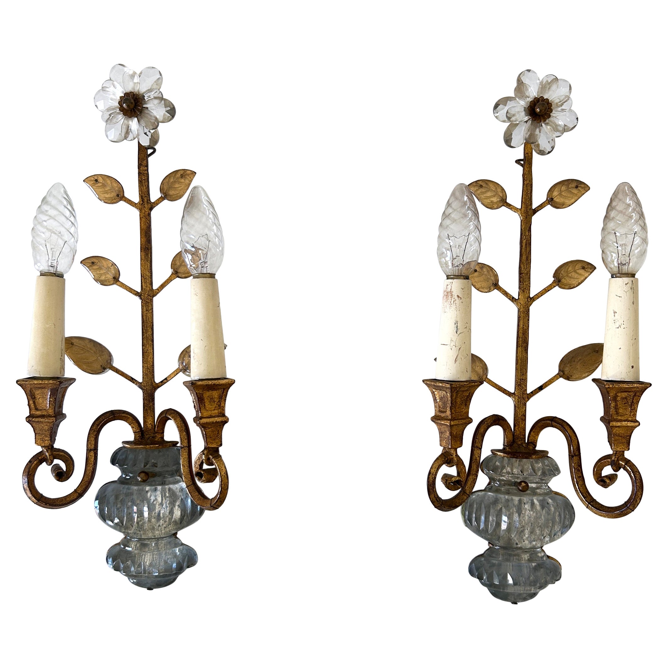 Set di due lampade da parete o scendiletto in cristallo e metallo dorato Banci Firenze 1960s Italia in vendita