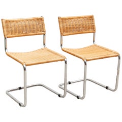 Set of Two Bauhaus Cantilever Chrome Woven Rattan Side Chairs 1960s Italy