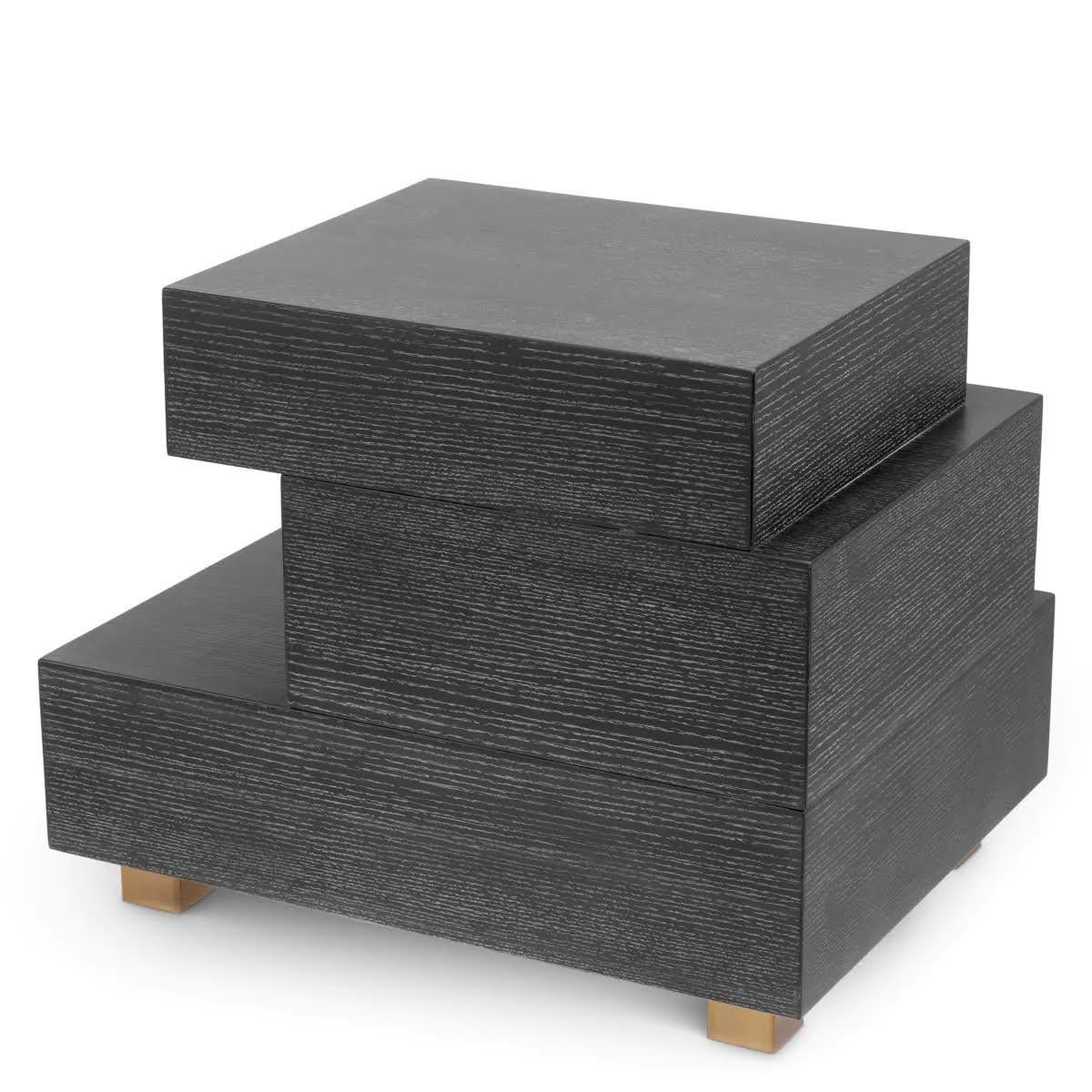 Brossé Ensemble de deux tables de chevet, placage de chêne anthracite, finition laiton brossé. en vente