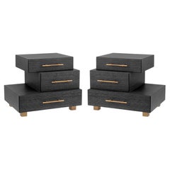 Set di due comodini, impiallacciatura Oak Oak antracite, finitura ottone spazzolato.