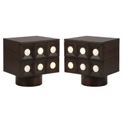 Set of Two Bedside Tables in Espresso Oak with Selenite Inlays