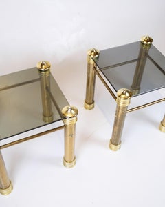 Set Of Two Bedside Tables In Vintage Style With Brass Legs & Black Glass Top