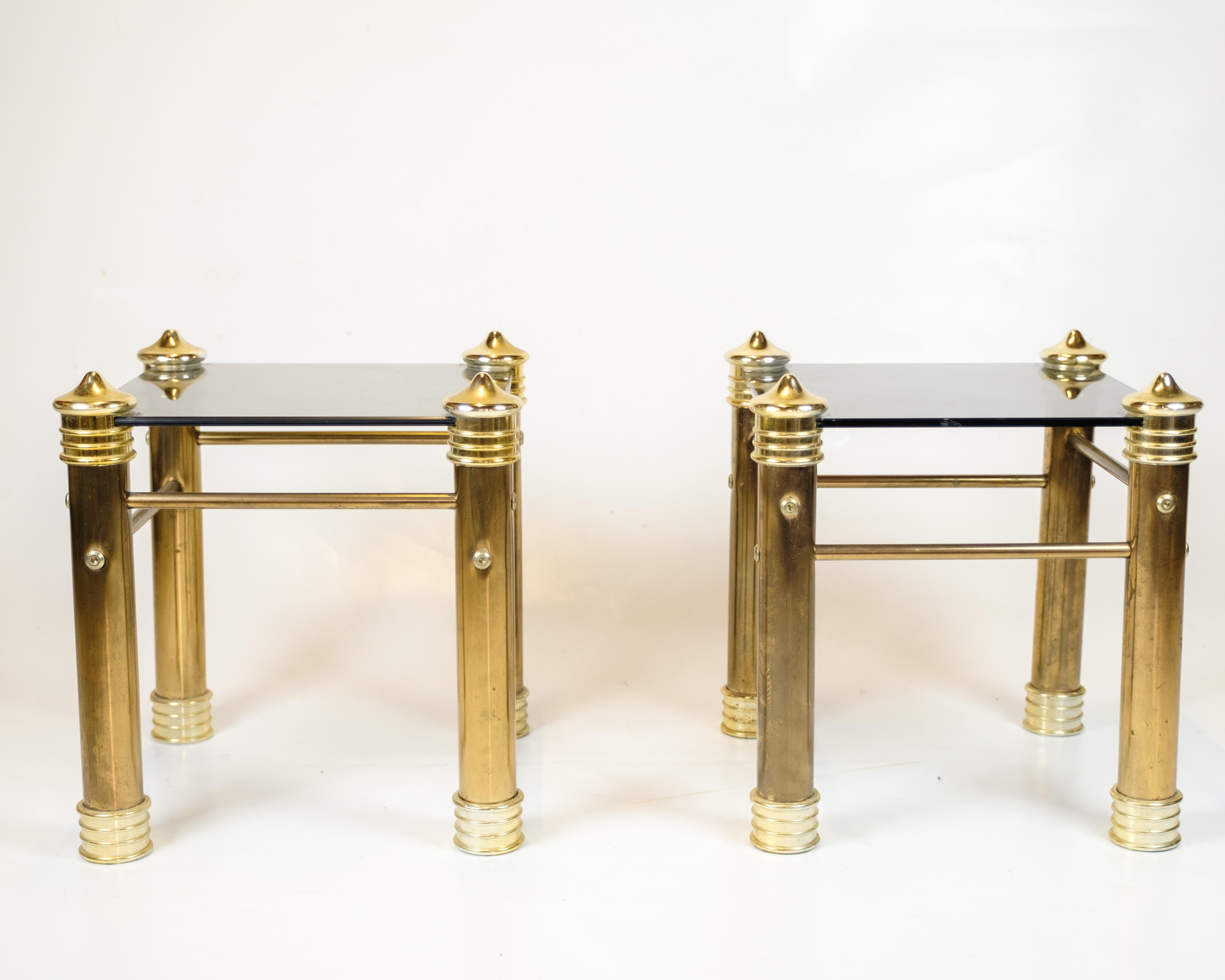 Mid-Century Modern Set Of Two Bedside Tables In Vintage Style With Brass Legs & Black Glass Top For Sale