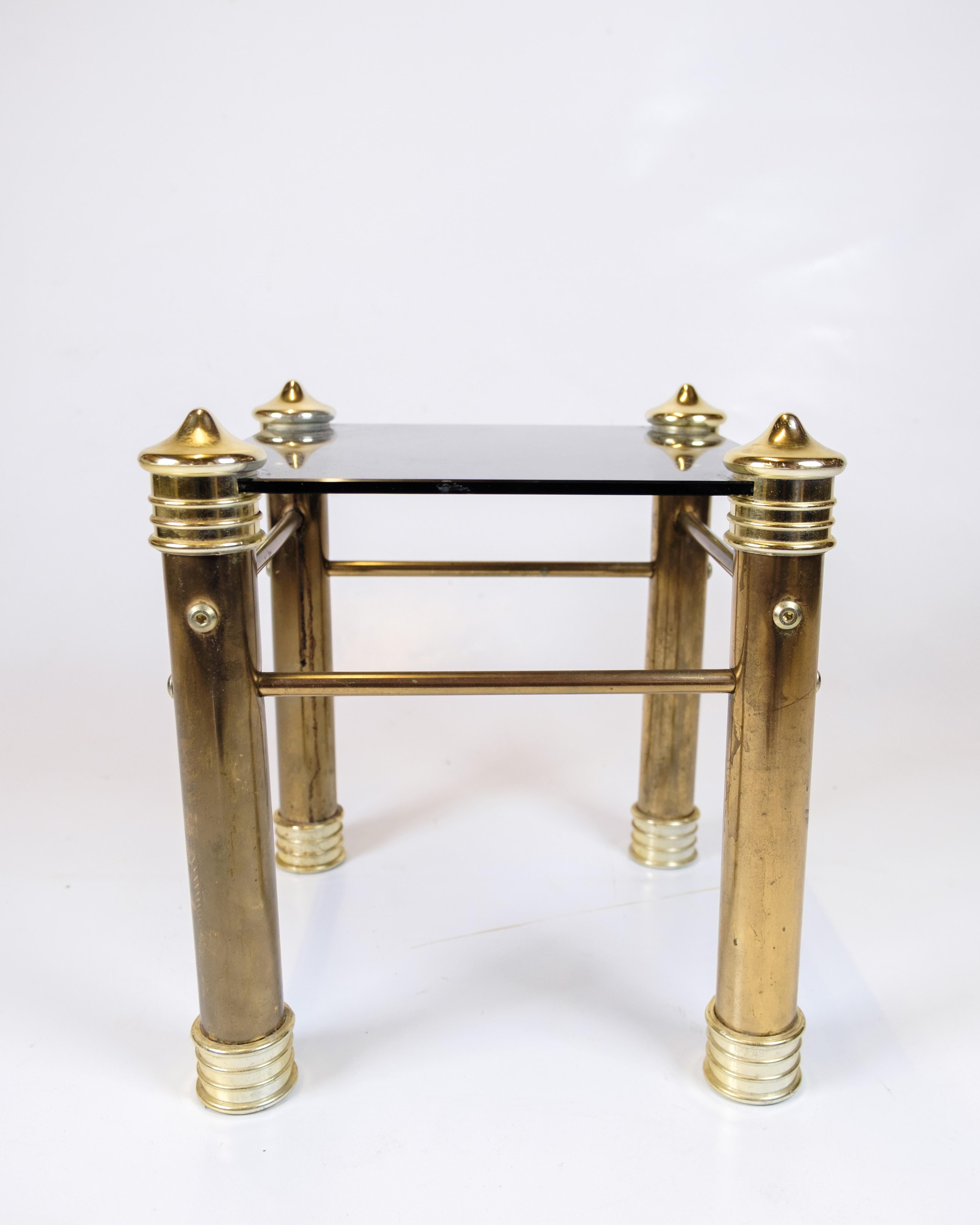 Danish Set Of Two Bedside Tables In Vintage Style With Brass Legs & Black Glass Top For Sale