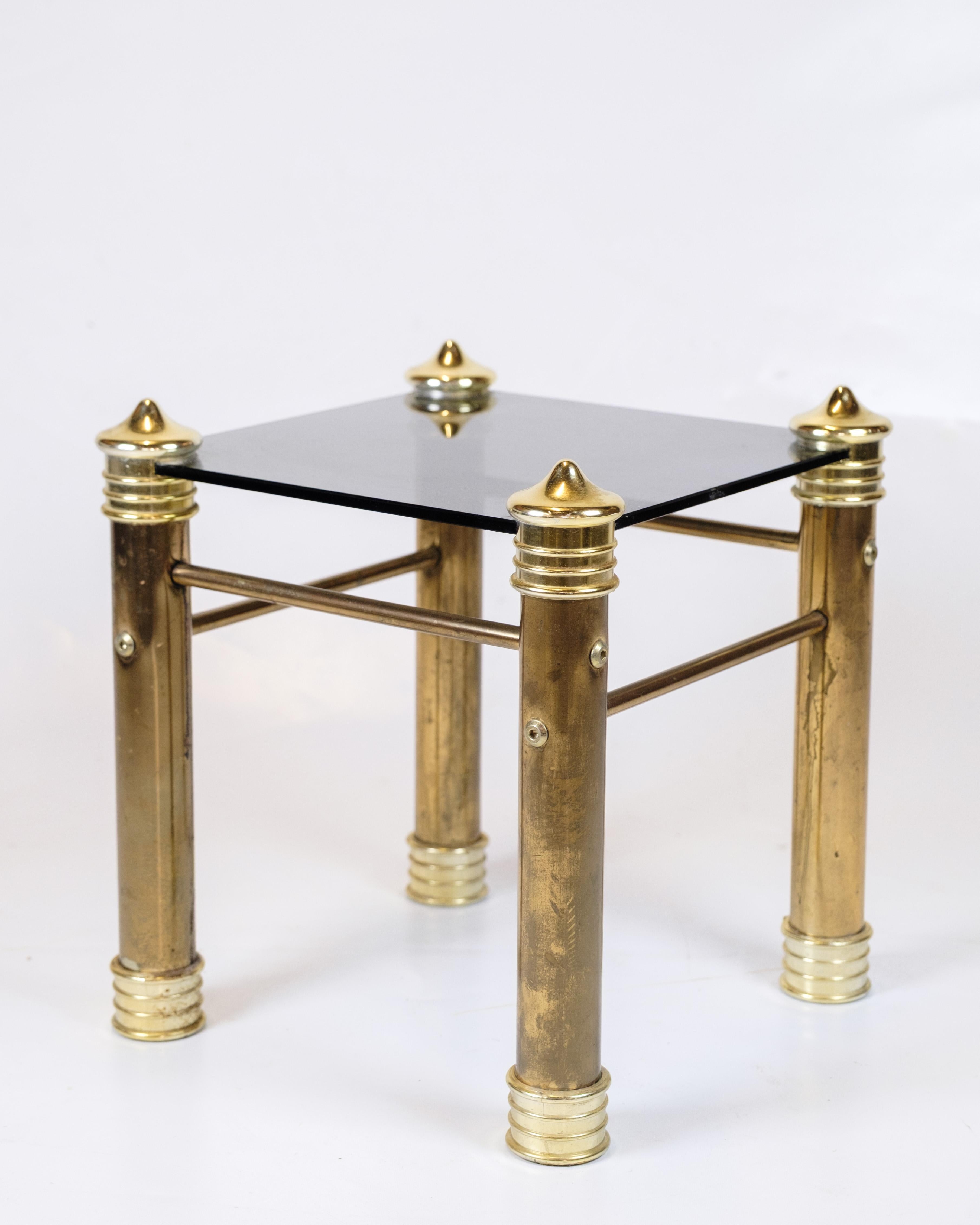 Late 20th Century Set Of Two Bedside Tables In Vintage Style With Brass Legs & Black Glass Top For Sale