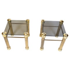 Set Of Two Bedside Tables In Vintage Style With Brass Legs & Black Glass Top
