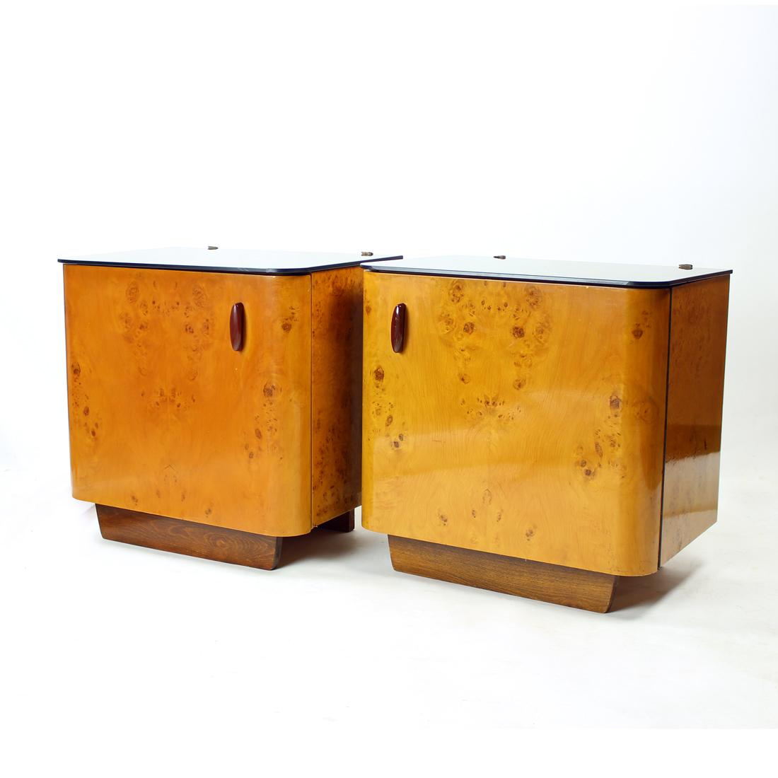 Opaline Glass Set of Two Bedside Tables in Wood & Glass, Czechoslovakia, 1940s