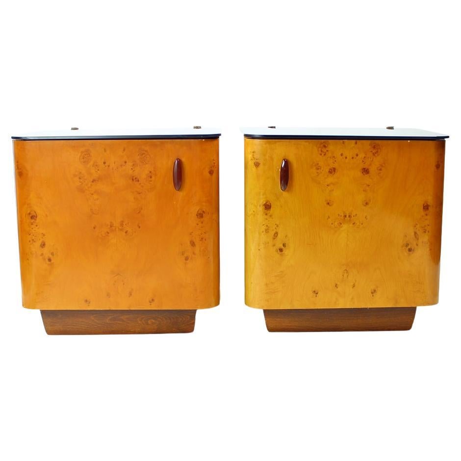 Set of Two Bedside Tables in Wood & Glass, Czechoslovakia, 1940s For Sale