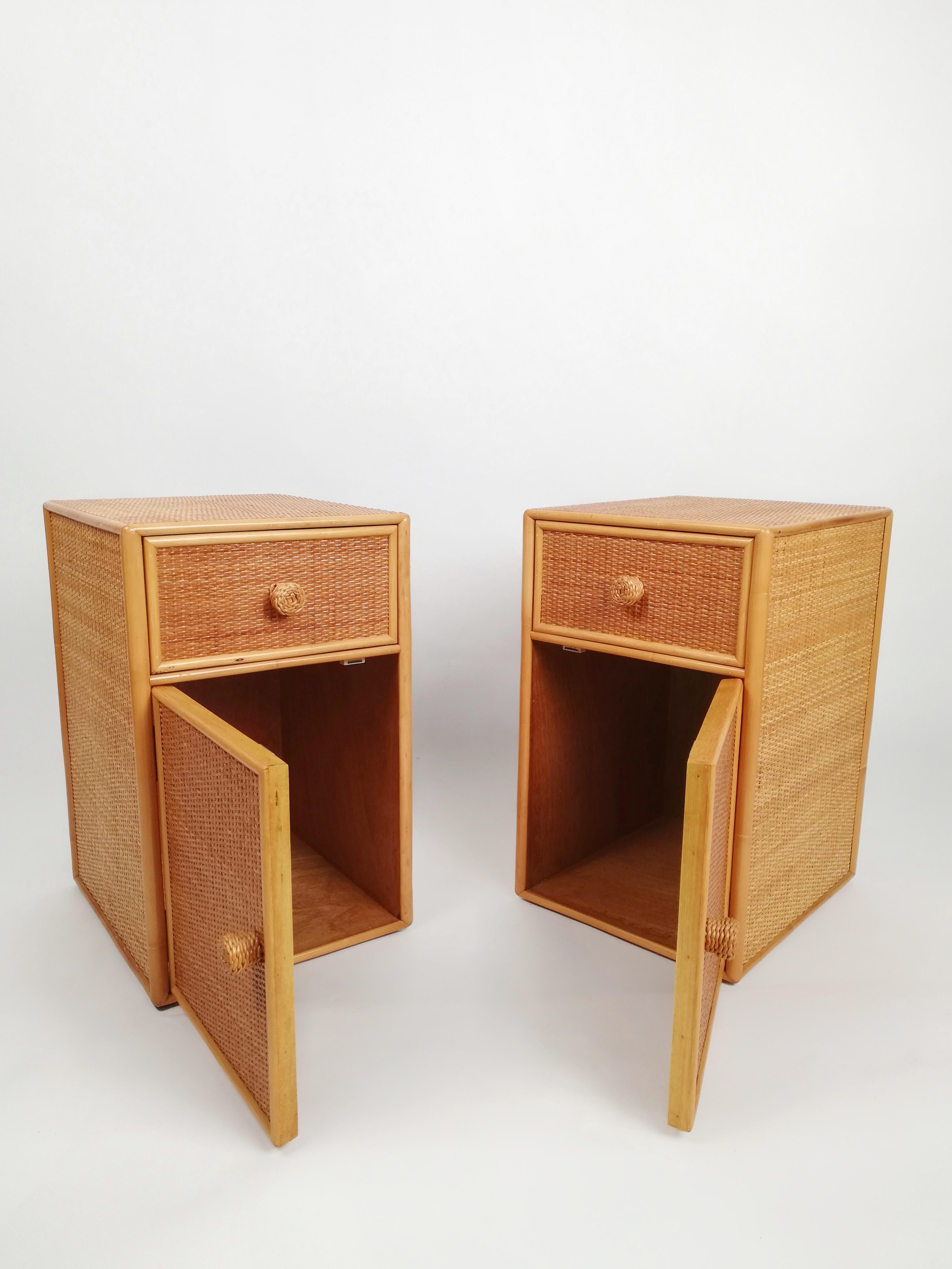 Set of Two Bedside Tables, Made in Cane Rattan and Beech Wood, Italy, 1970s 4