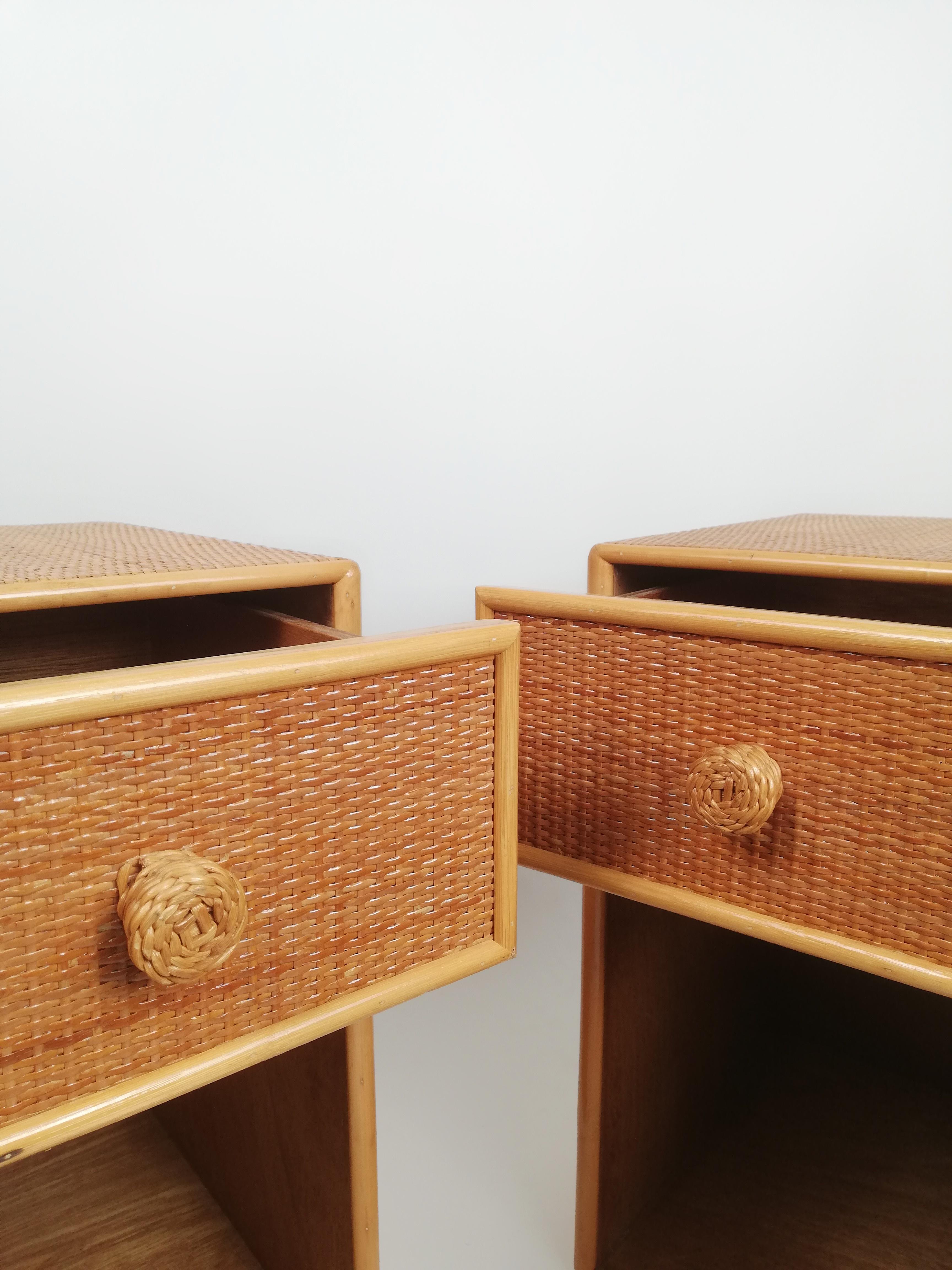 Set of Two Bedside Tables, Made in Cane Rattan and Beech Wood, Italy, 1970s 5