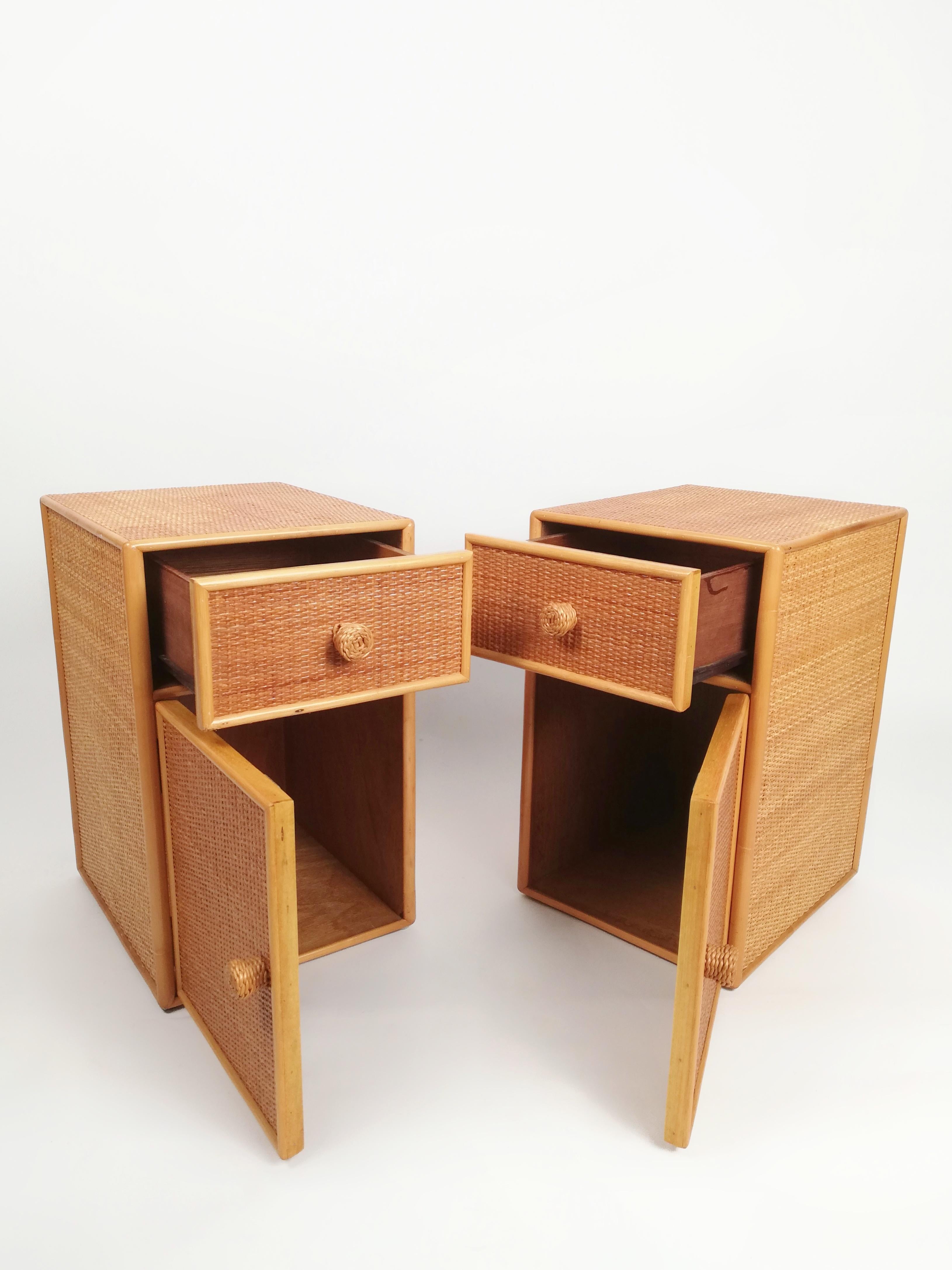 Set of Two Bedside Tables, Made in Cane Rattan and Beech Wood, Italy, 1970s 6