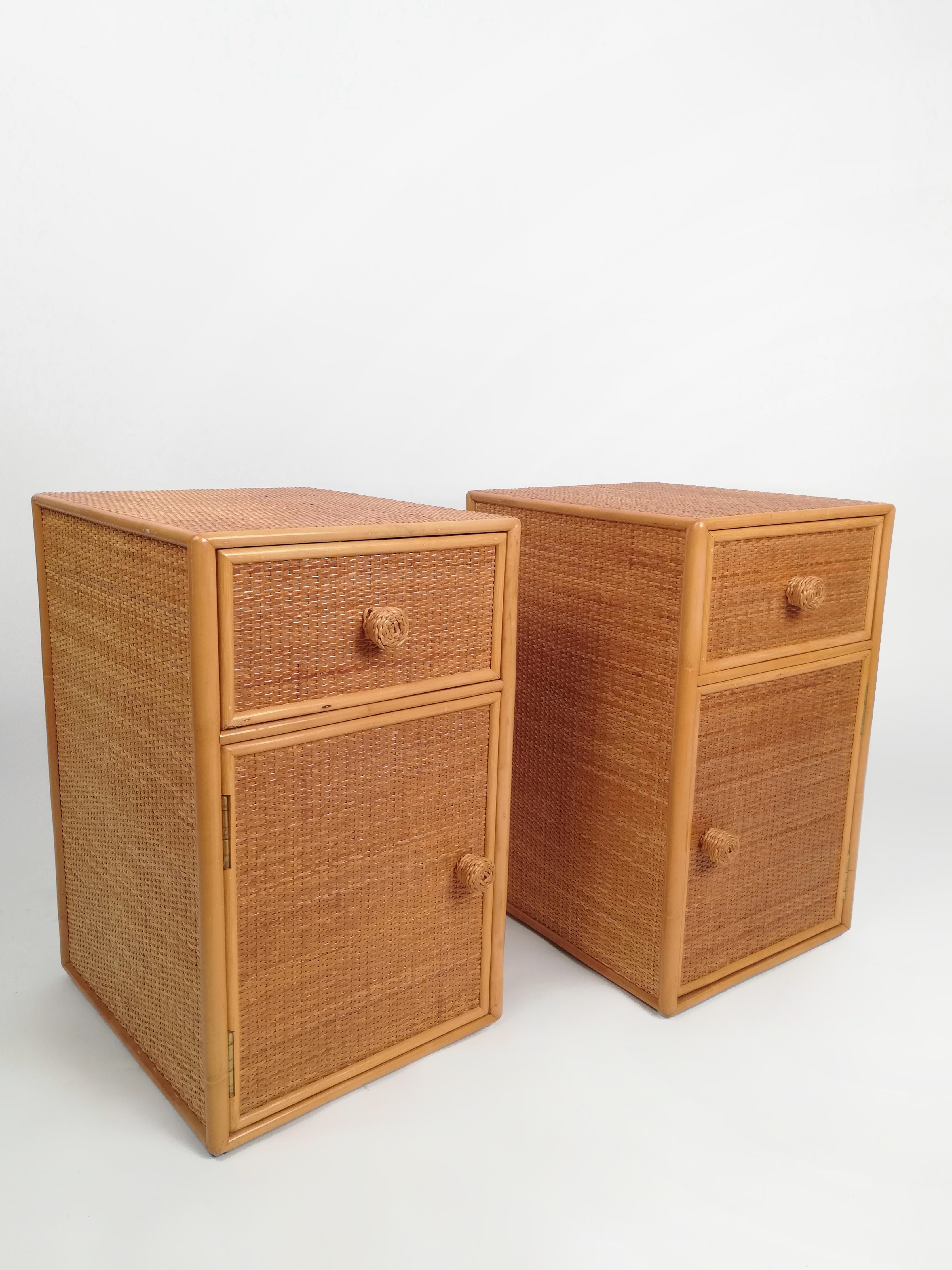 Set of Two Bedside Tables, Made in Cane Rattan and Beech Wood, Italy, 1970s 7