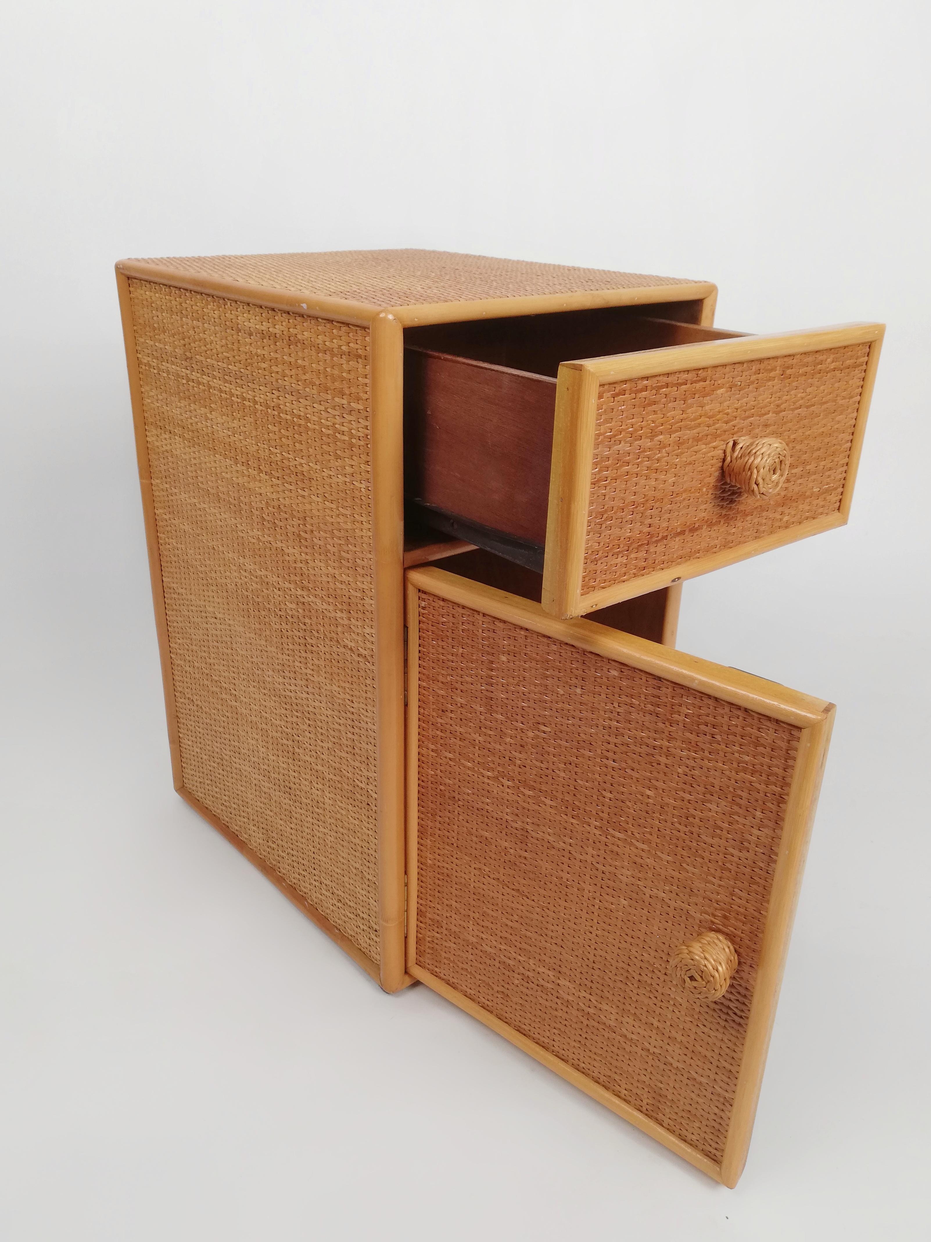 Set of Two Bedside Tables, Made in Cane Rattan and Beech Wood, Italy, 1970s 11