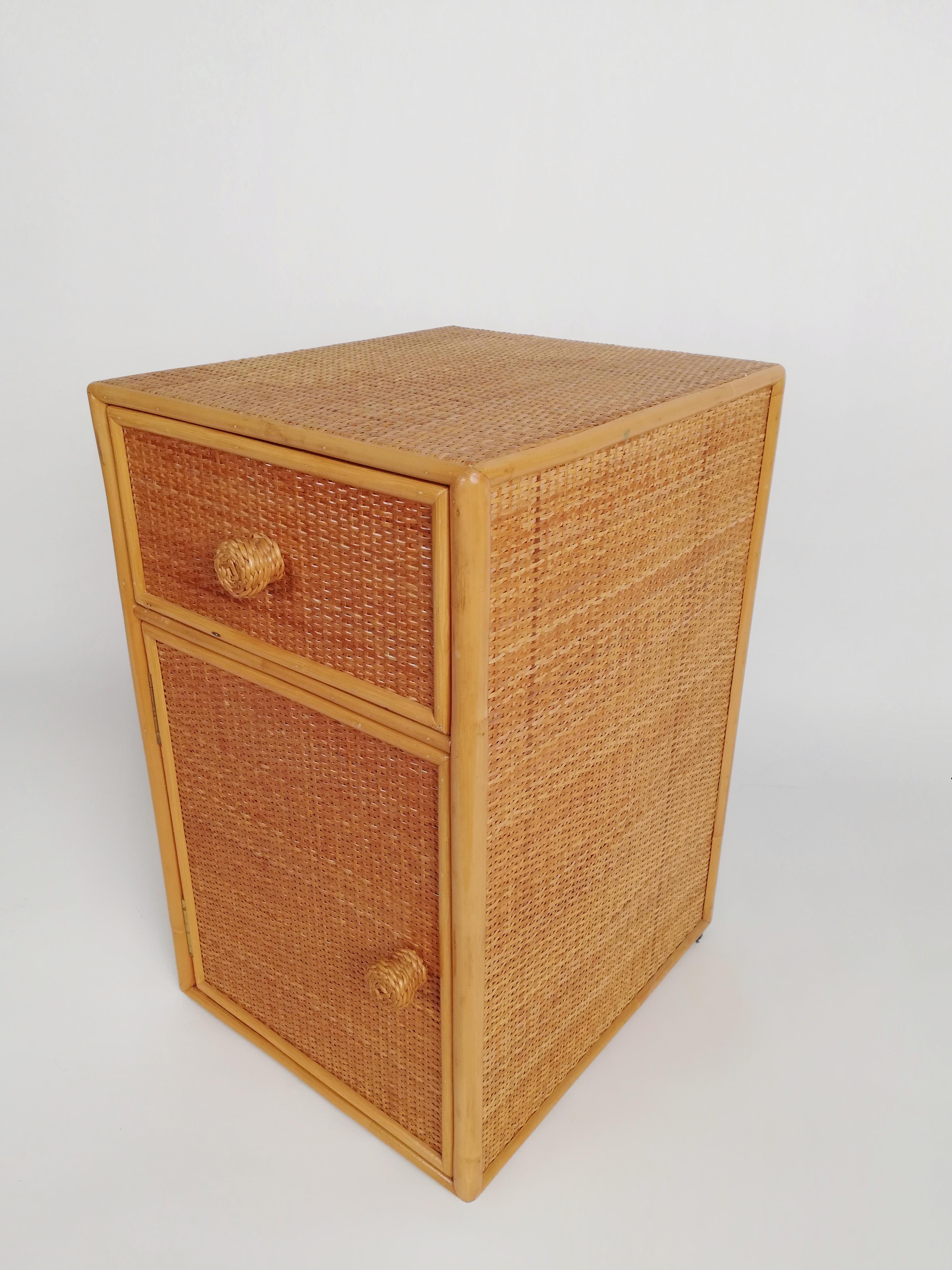 Mid-Century Modern Set of Two Bedside Tables, Made in Cane Rattan and Beech Wood, Italy, 1970s