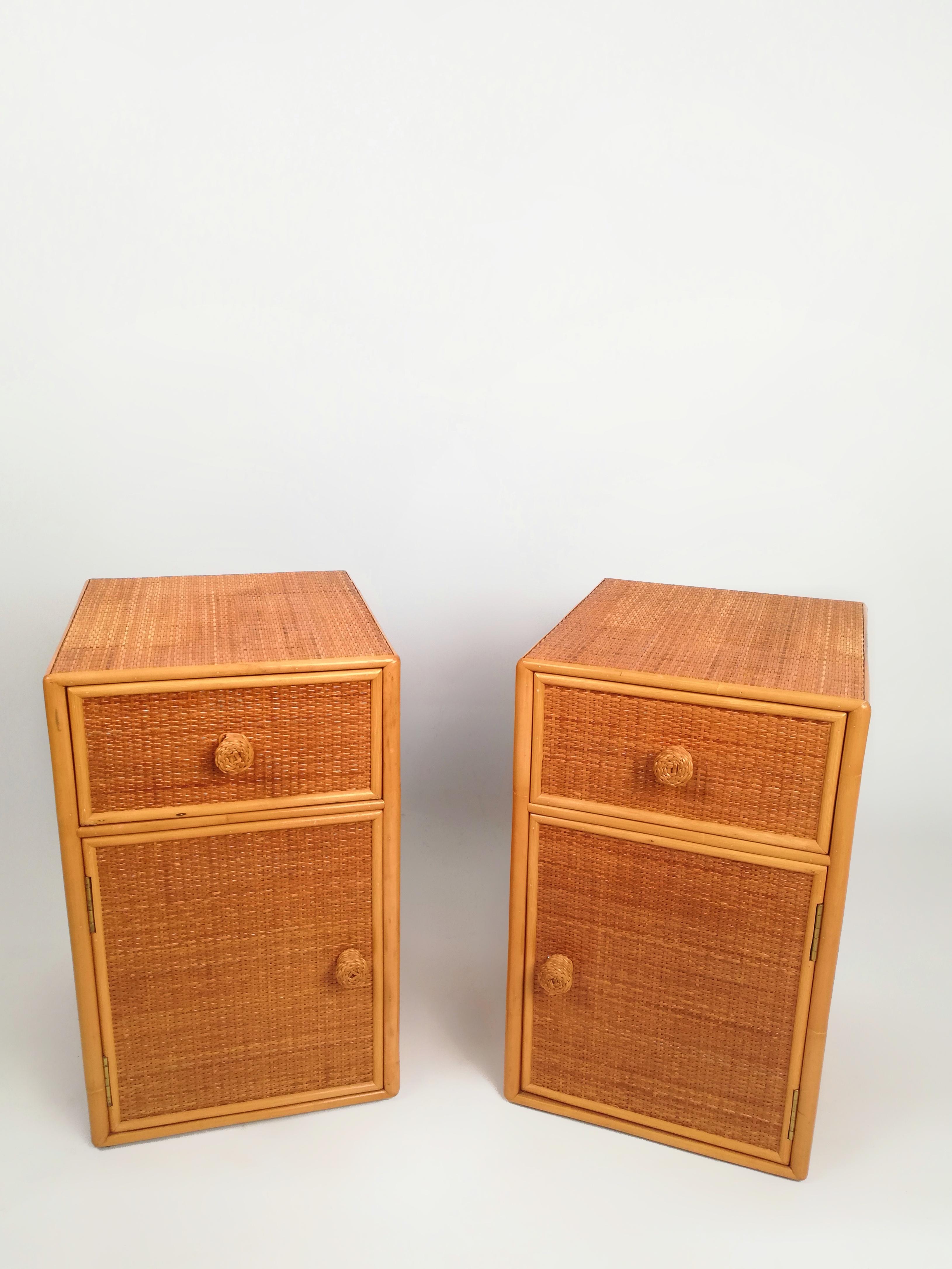 Set of Two Bedside Tables, Made in Cane Rattan and Beech Wood, Italy, 1970s 2