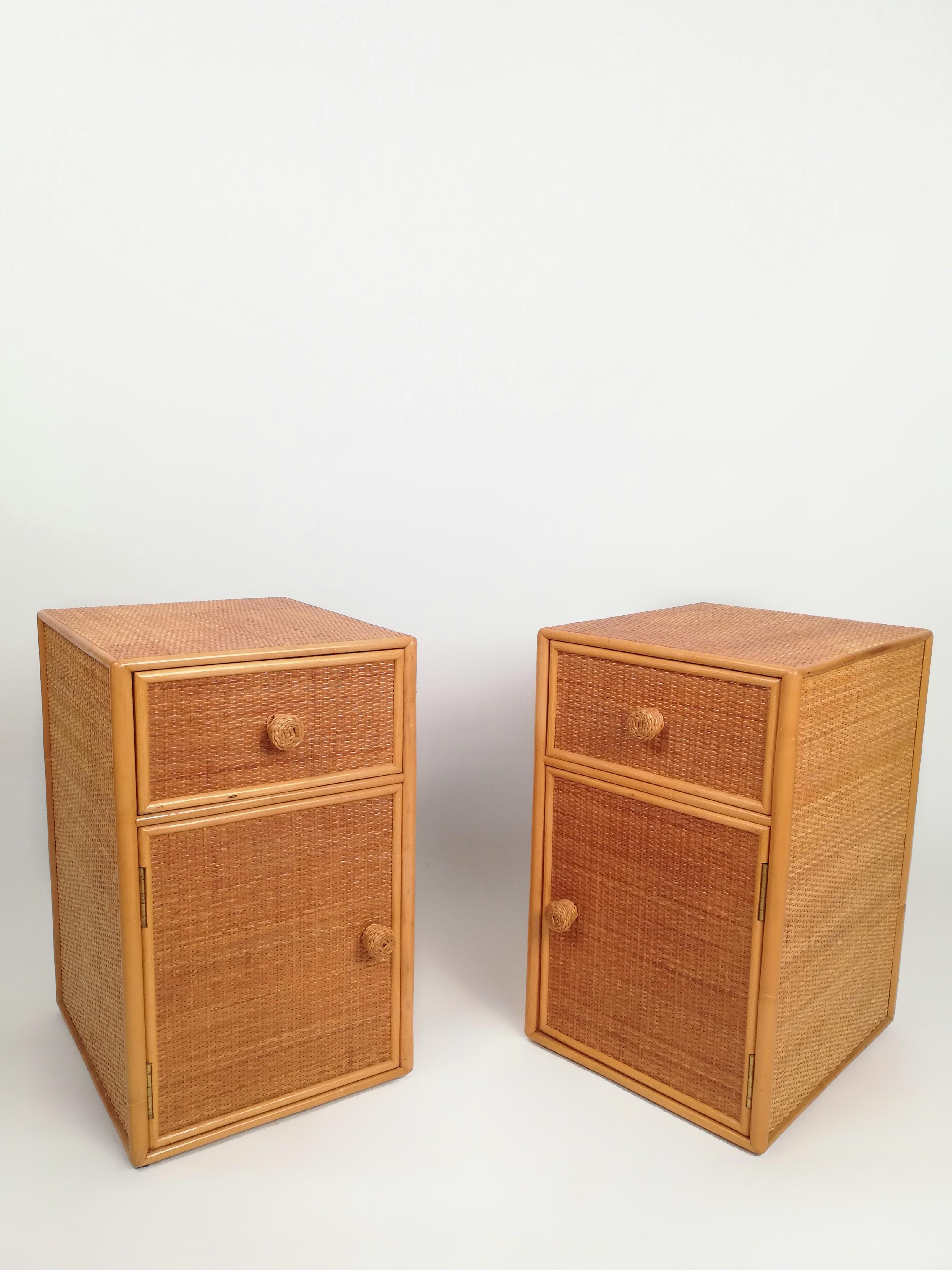 Set of Two Bedside Tables, Made in Cane Rattan and Beech Wood, Italy, 1970s 3