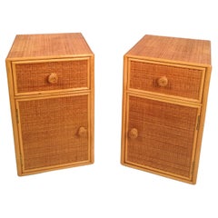 Set of Two Bedside Tables, Made in Cane Rattan and Beech Wood, Italy, 1970s