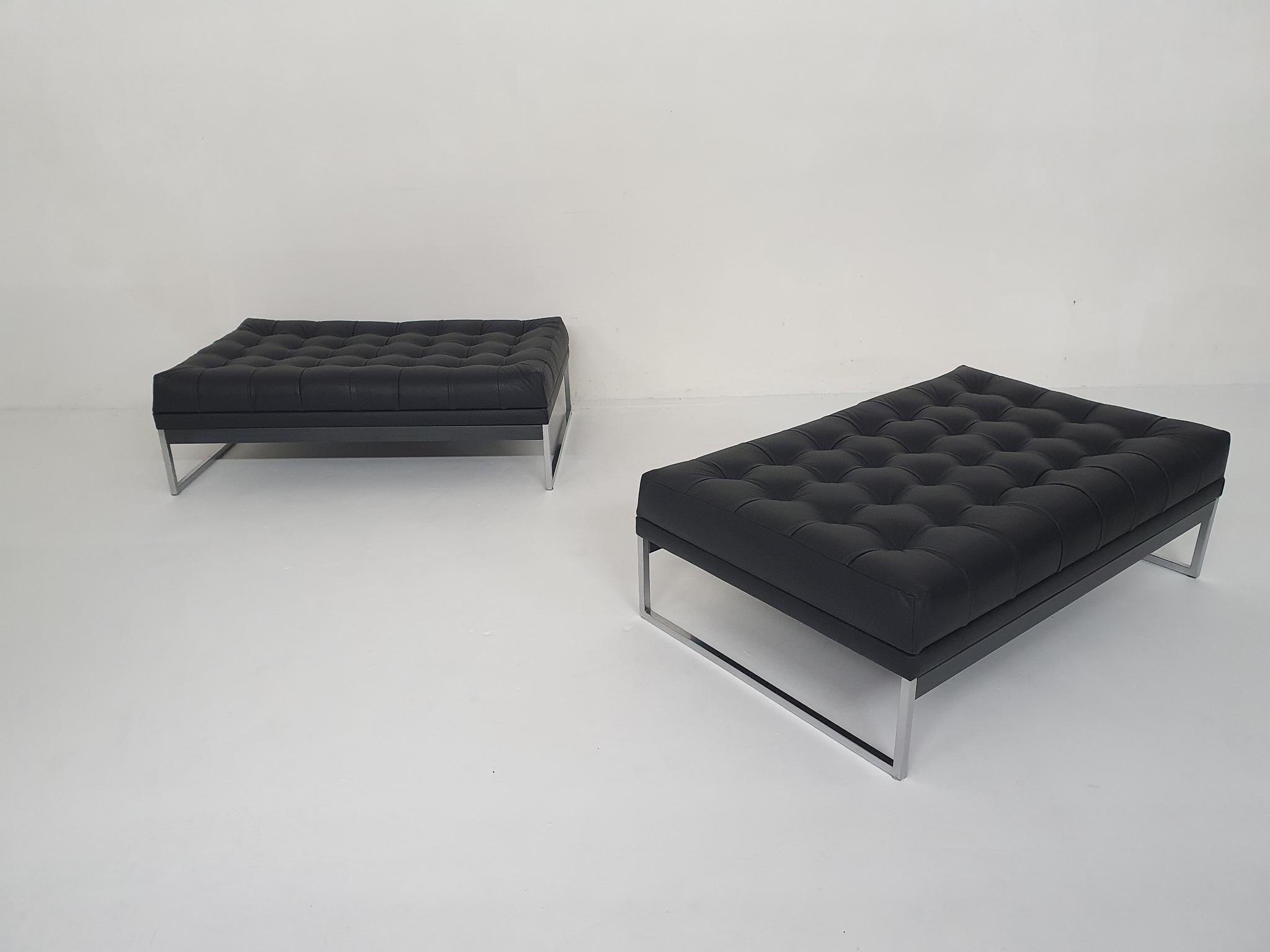 Metal benches with new black leather upholstery and new filling by AP originals.
Marked at the bottom.

