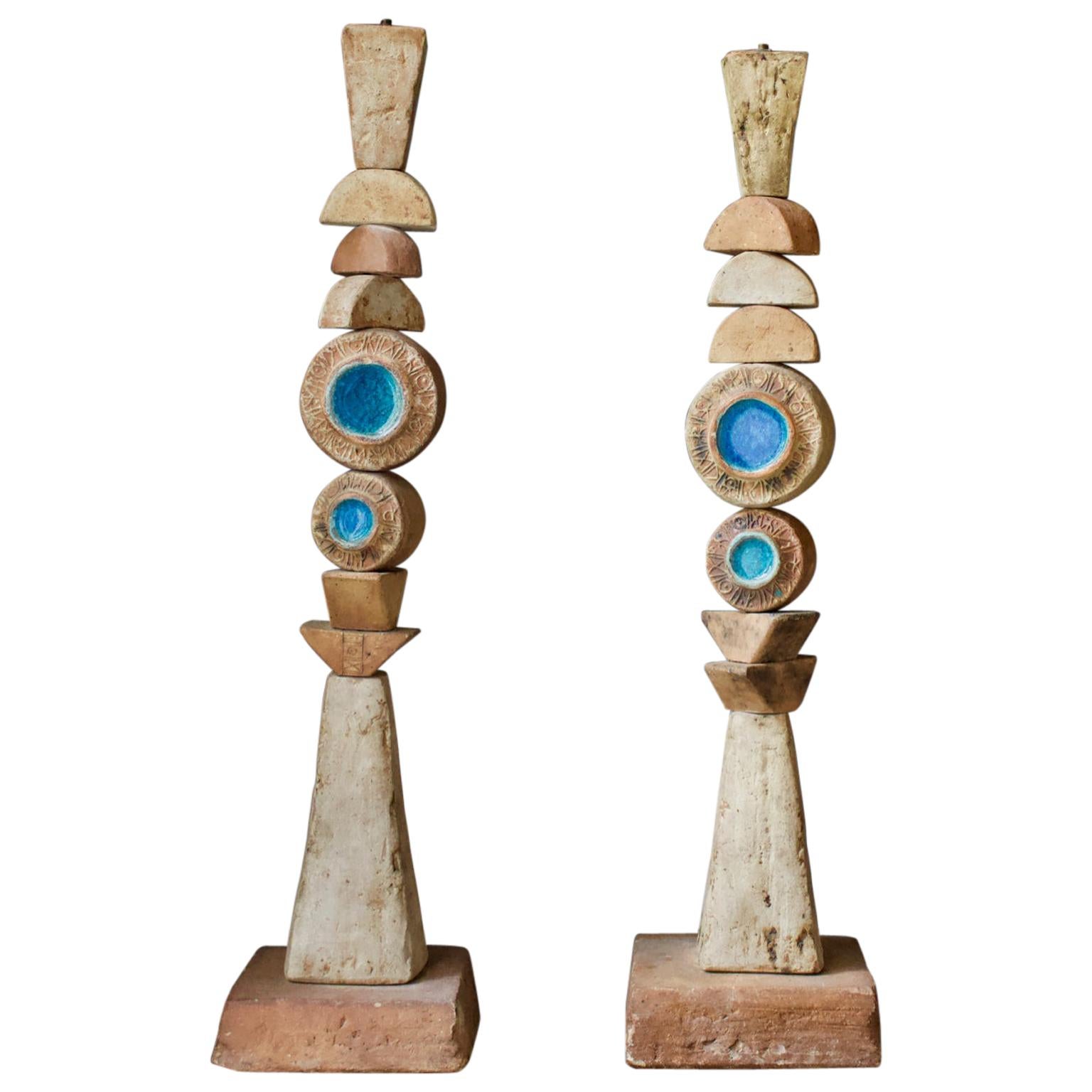 Mid-Century Modern Set of Two Bernard Rooke Studio Ceramic TOTEM Floor Lamps, England, 1960s