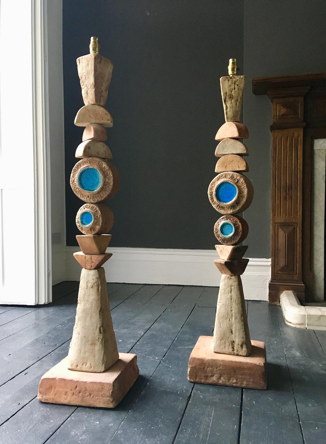 English Set of Two Bernard Rooke Studio Ceramic TOTEM Floor Lamps, England, 1960s