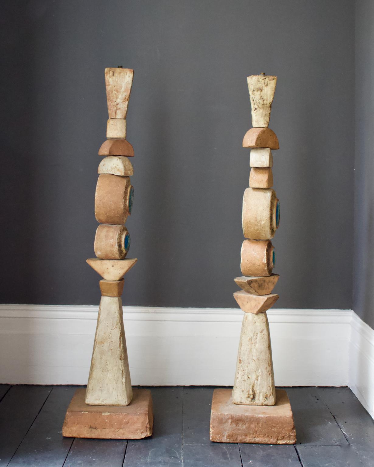 Set of Two Bernard Rooke Studio Ceramic TOTEM Floor Lamps, England, 1960s 1