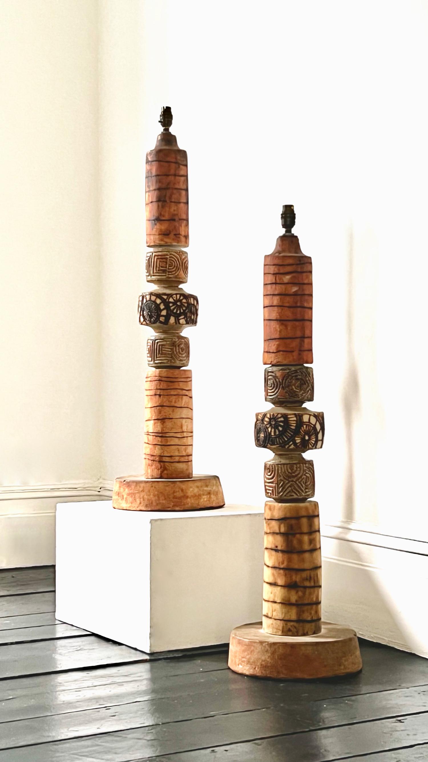 Set of Two Bernard Rooke Studio Ceramic Totem Floor Lamps, Mid-20th Century 12