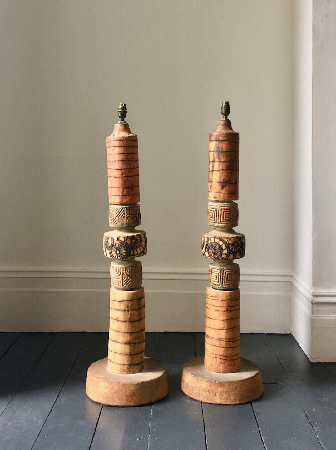 Mid-Century Modern Set of Two Bernard Rooke Studio Ceramic Totem Floor Lamps, Mid-20th Century