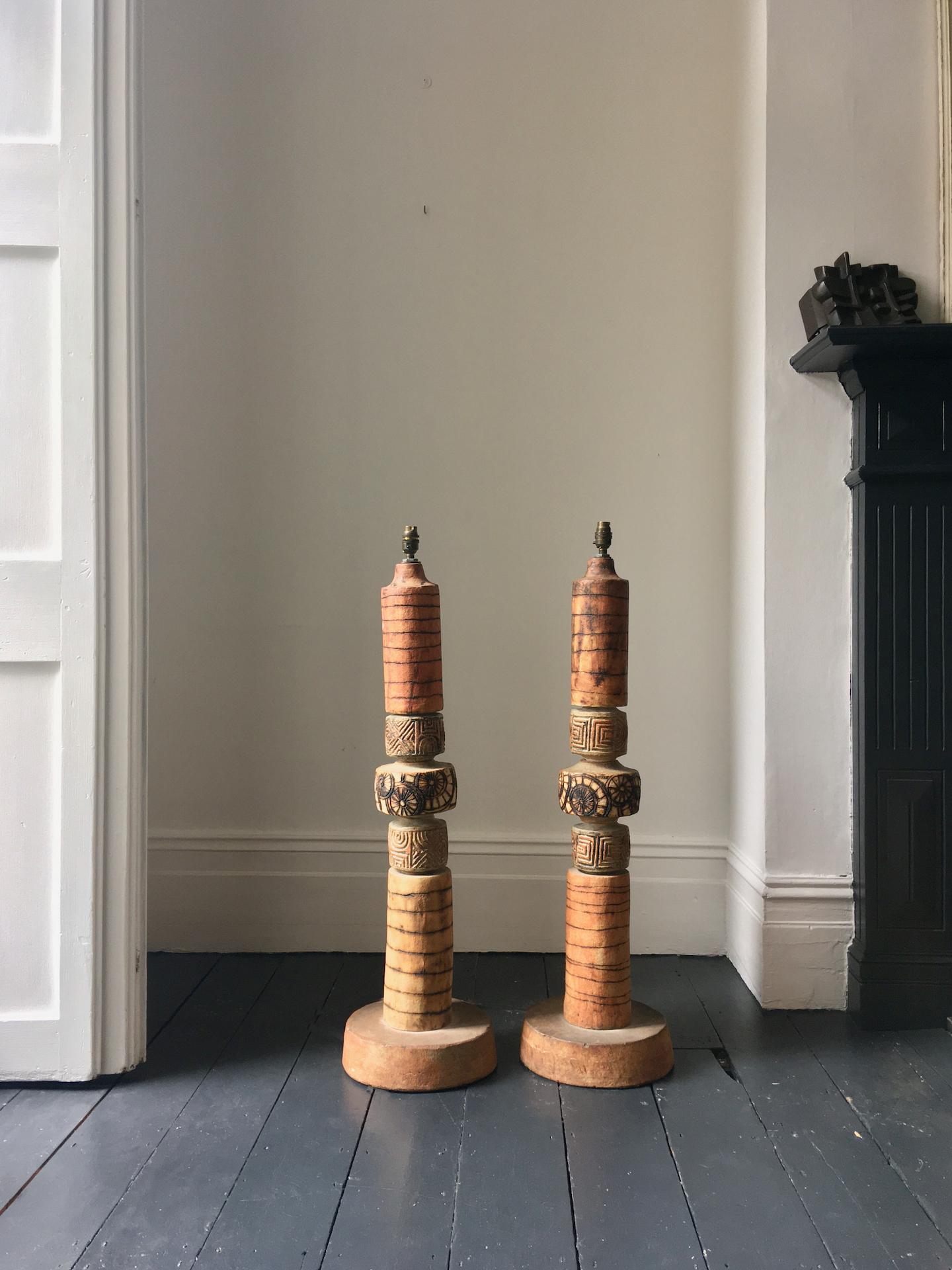 Set of Two Bernard Rooke Studio Ceramic Totem Floor Lamps, Mid-20th Century In Fair Condition In London, GB