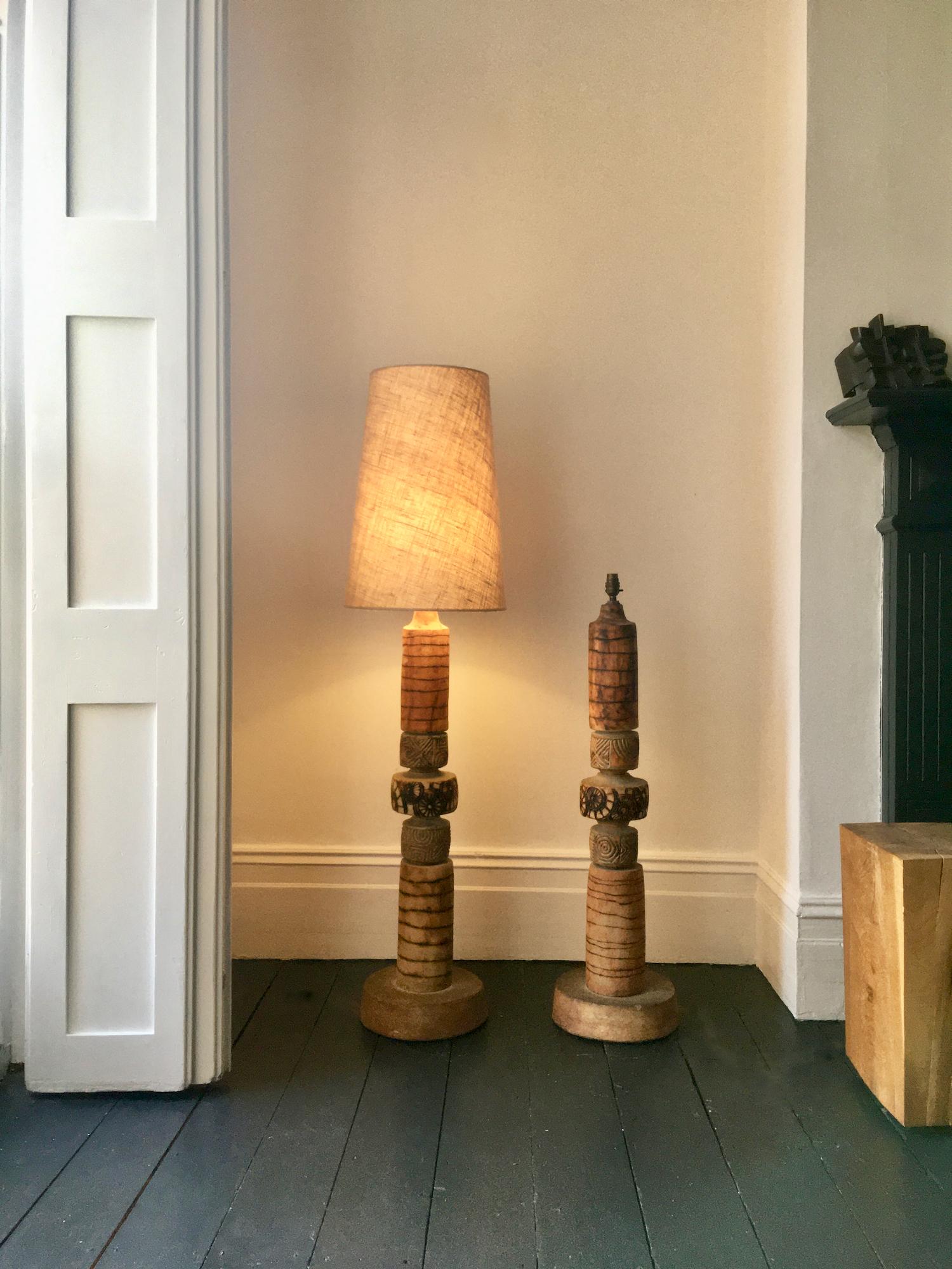 Set of Two Bernard Rooke Studio Ceramic Totem Floor Lamps, Mid-20th Century 1