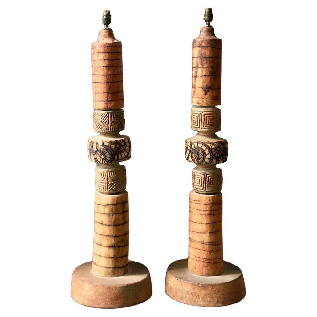 A set of two ceramic TOTEM floor lamps by Bernard Rooke, England. Each piece has the Rooke stamp, probably 1960s or 1970s. Unusual examples of Rooke's designs. 

Sculptural pieces of Studio Pottery, made up of ceramic elements in natural tones of