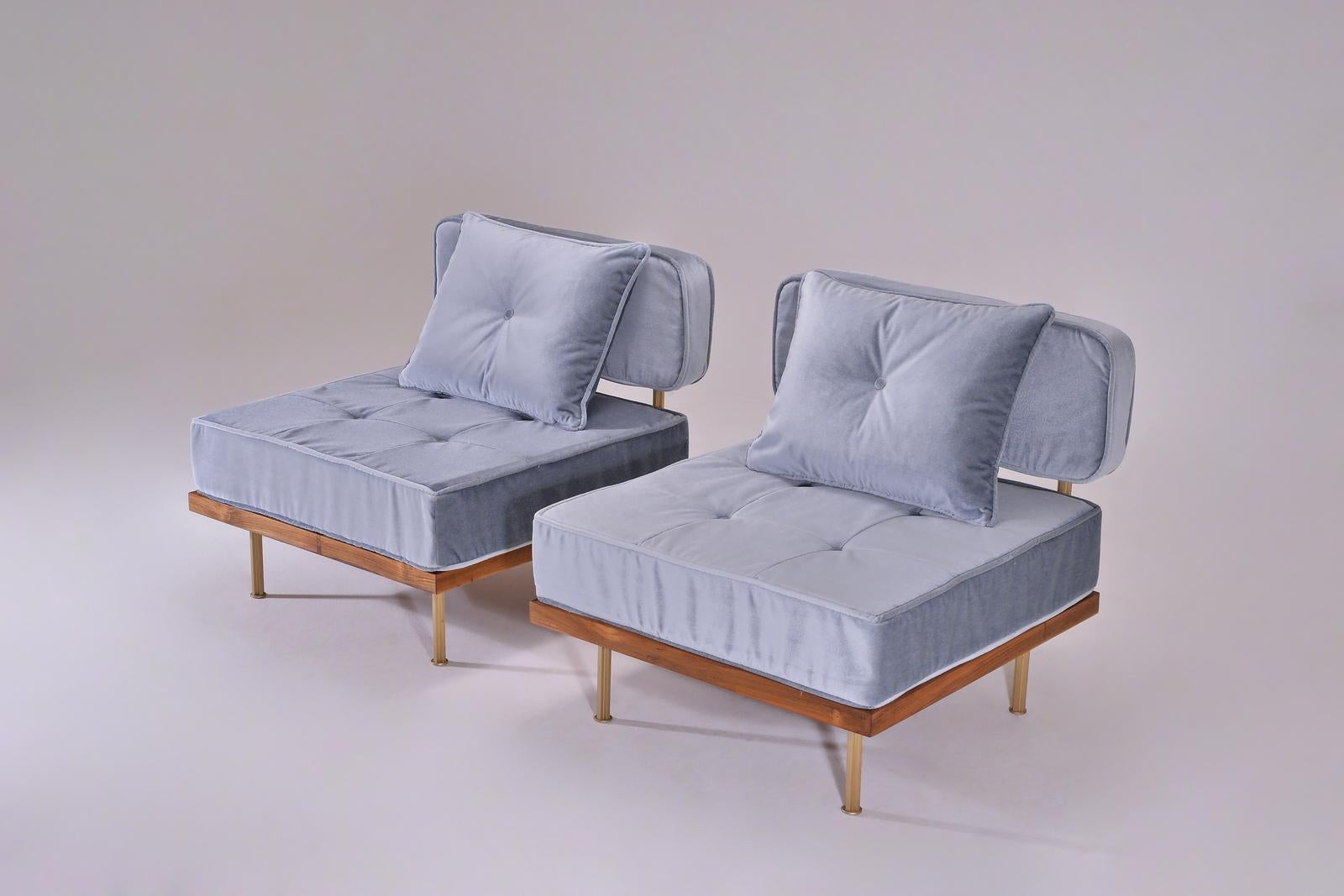 Thai Set of Two Bespoke Lounge Chair, Reclaimed Hardwood and Brass by P. Tendercool For Sale