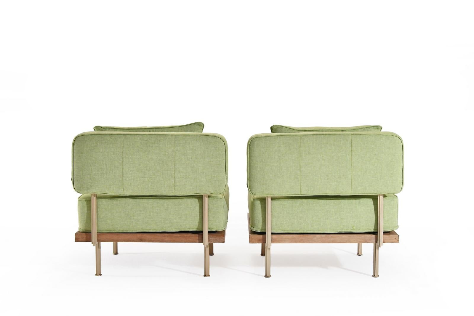 Hand-Crafted Set of Two Bespoke Lounge Chairs in Bleached Wood Frame & Brass by P. Tendercool For Sale