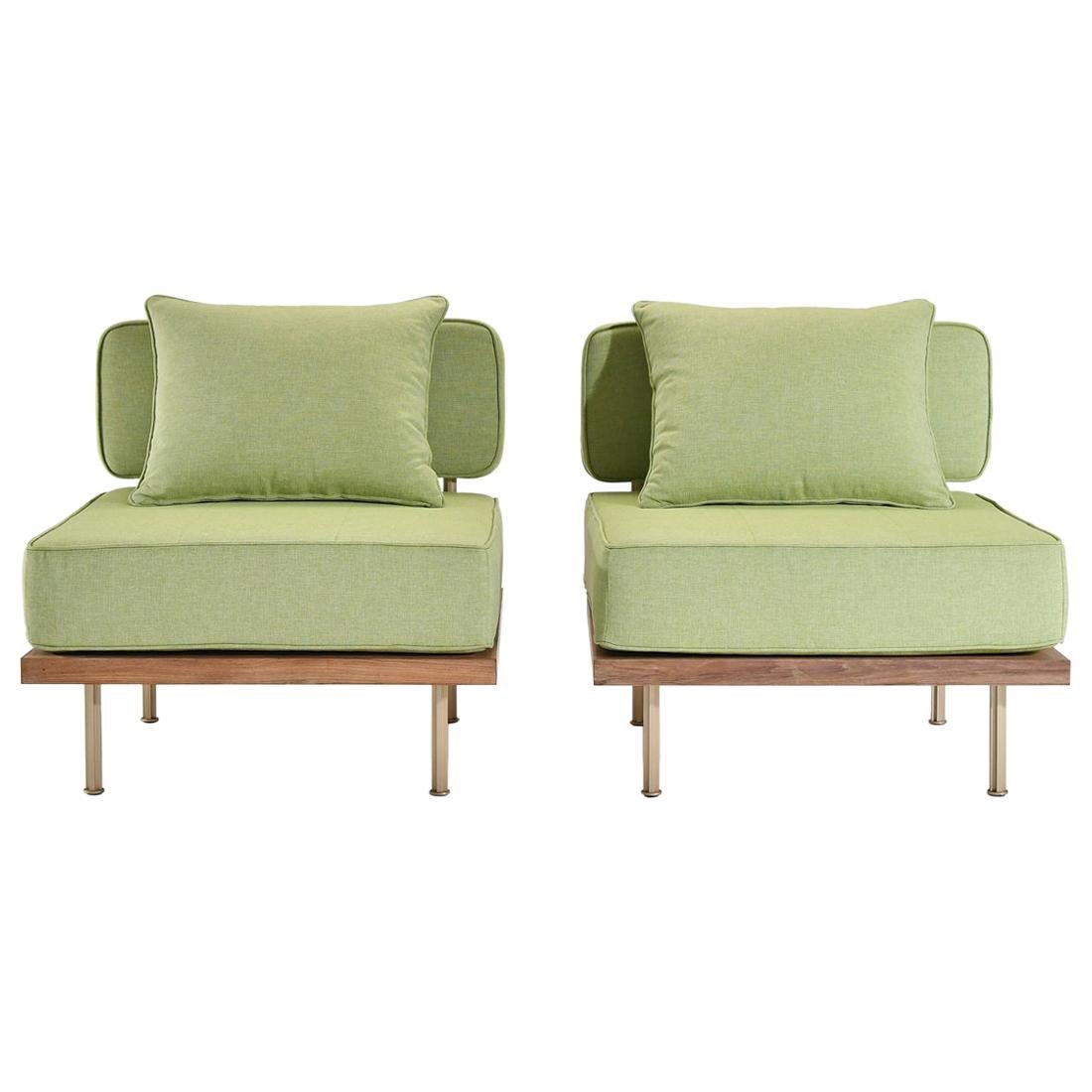 Set of Two Bespoke Lounge Chairs in Bleached Wood Frame & Brass by P. Tendercool For Sale