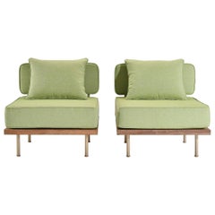 Set of Two Bespoke Lounge Chairs in Bleached Wood Frame & Brass by P. Tendercool