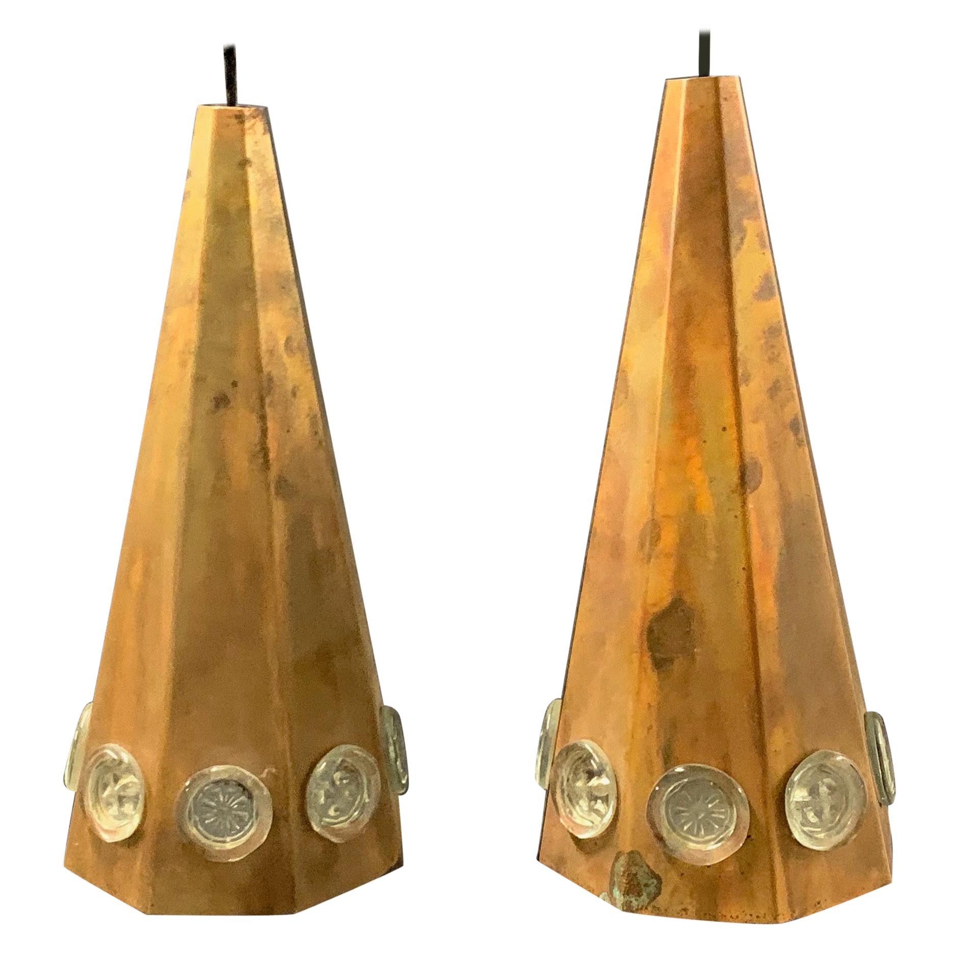 Set of Two Big Copper and Glass Ceiling Lamps by Ateljè Lyktan For Sale