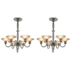 Used Set of Two Big Prestige Beautiful Art Deco Glass Chandeliers, 1920s