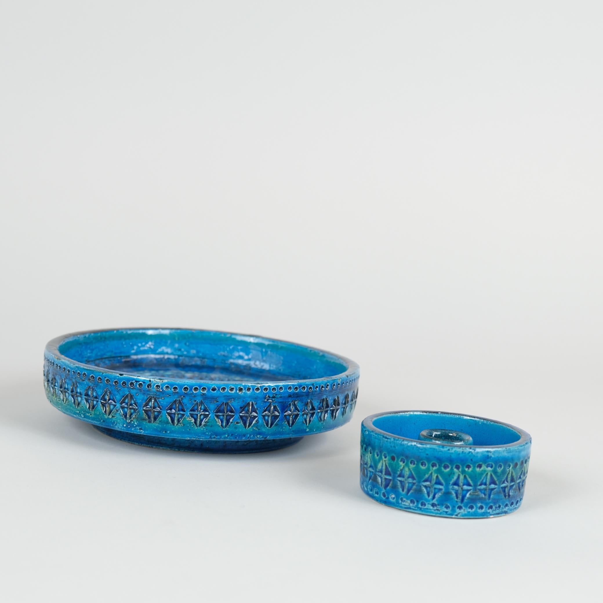 Mid-Century Modern Set of Two Bitossi Aldo Londi Rimini Blue Glazed Ceramics Pieces, Italy For Sale