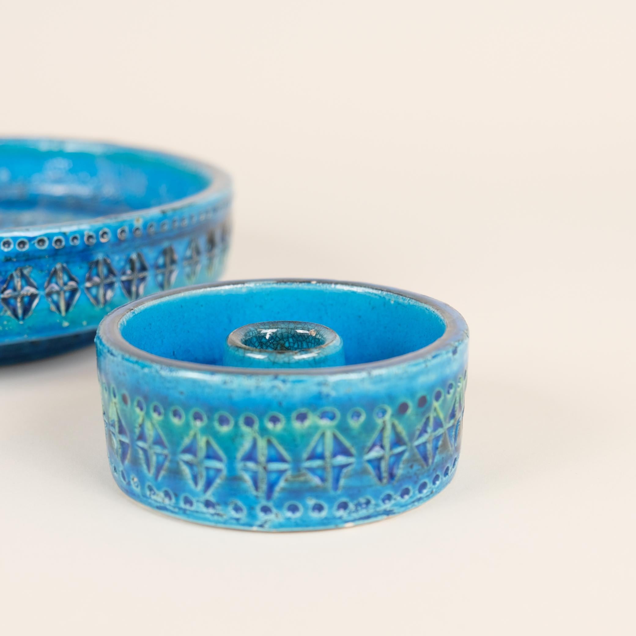 Italian Set of Two Bitossi Aldo Londi Rimini Blue Glazed Ceramics Pieces, Italy For Sale