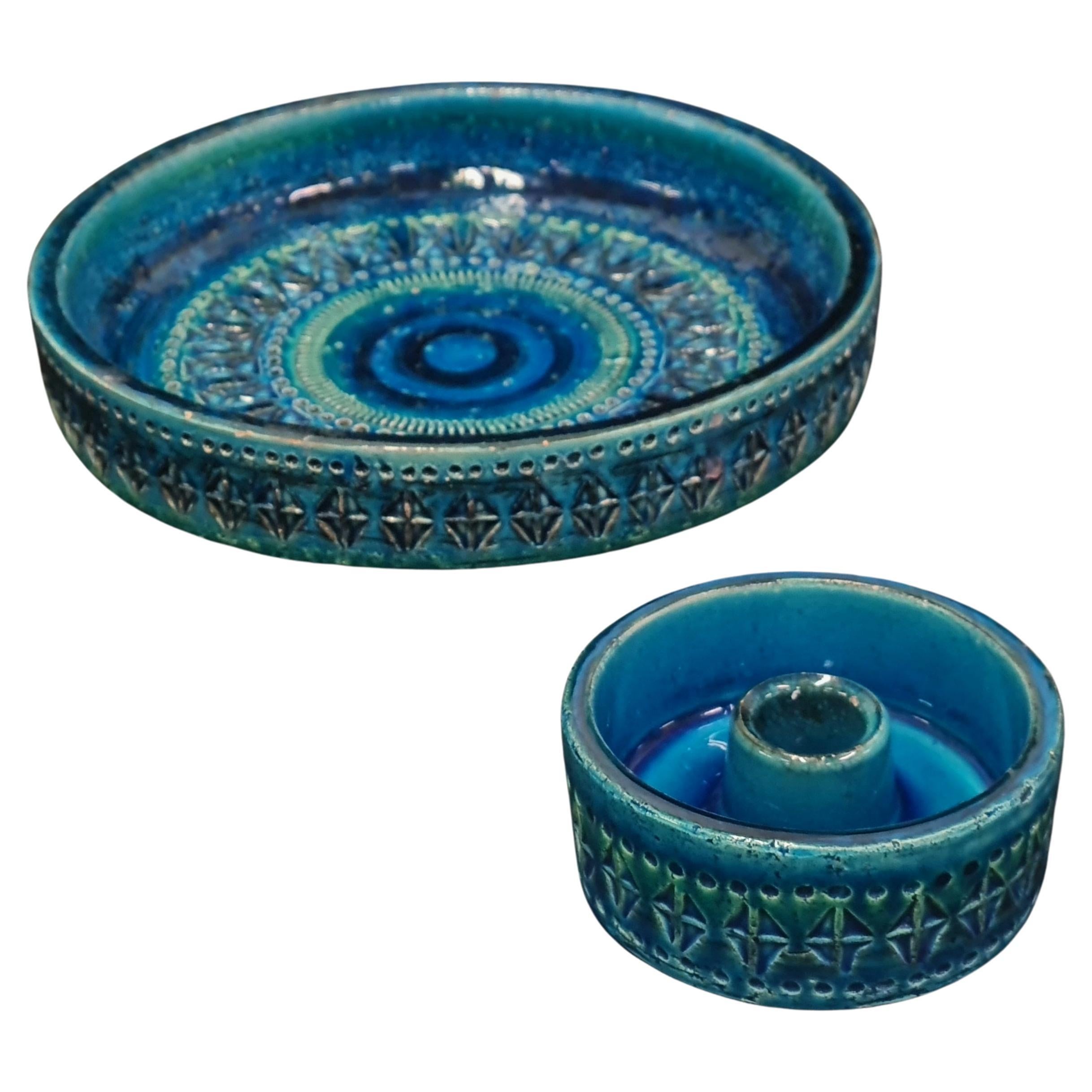 Set of Two Bitossi Aldo Londi Rimini Blue Glazed Ceramics Pieces, Italy For Sale