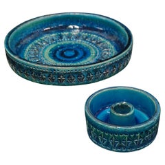Set of Two Bitossi Aldo Londi Rimini Blue Glazed Ceramics Pieces, Italy
