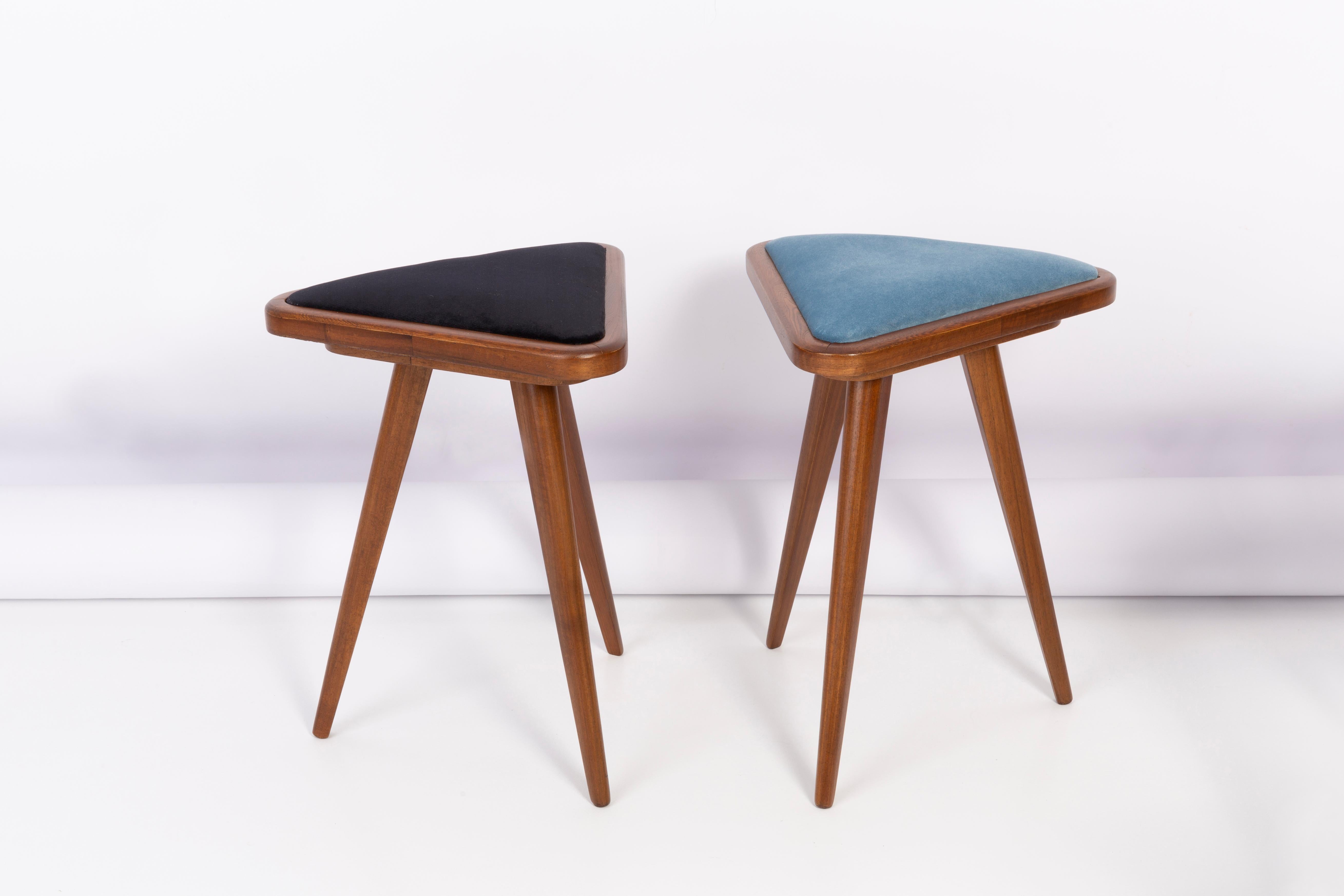 Stools from the turn of the 1960s and 1970s. Beautiful velour upholstery in 2 different colors. The stools consist of an upholstered part, a seat and wooden legs narrowing downwards, characteristic of the 1960s style. They are absolutely