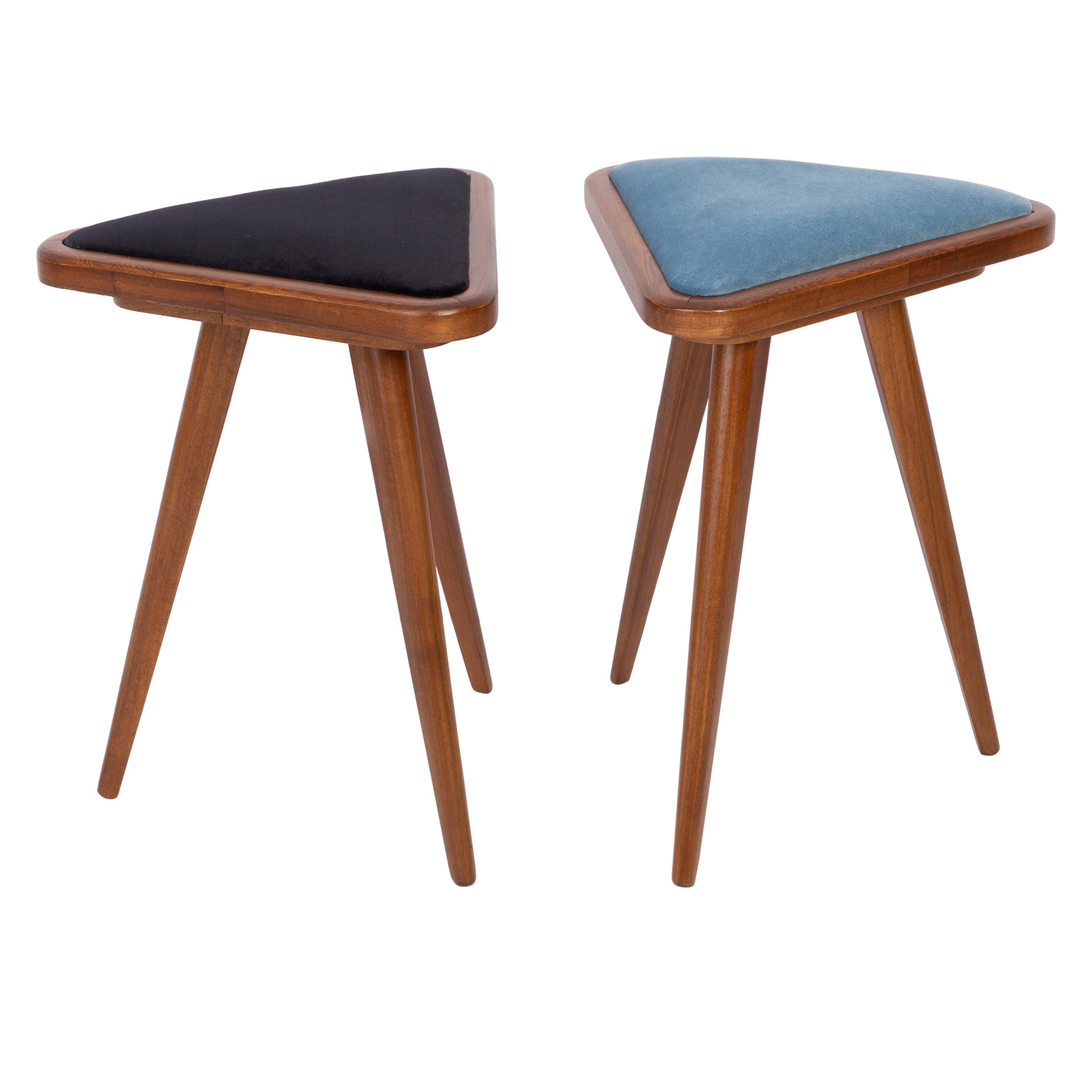 Set of Two Black and Blue Velvet 20th Century Stools, 1960s