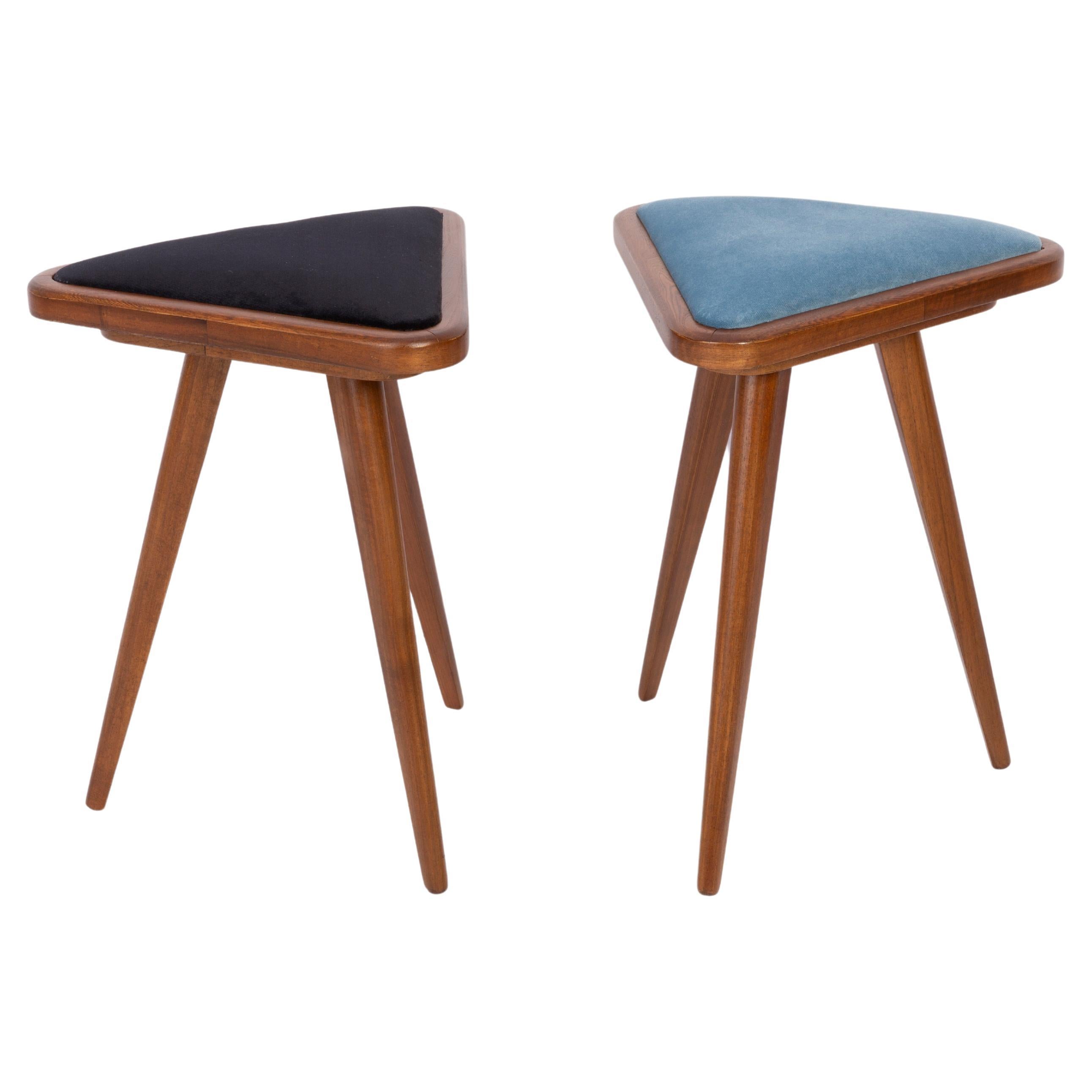 Set of Two Black and Blue Velvet 20th Century Stools, 1960s For Sale